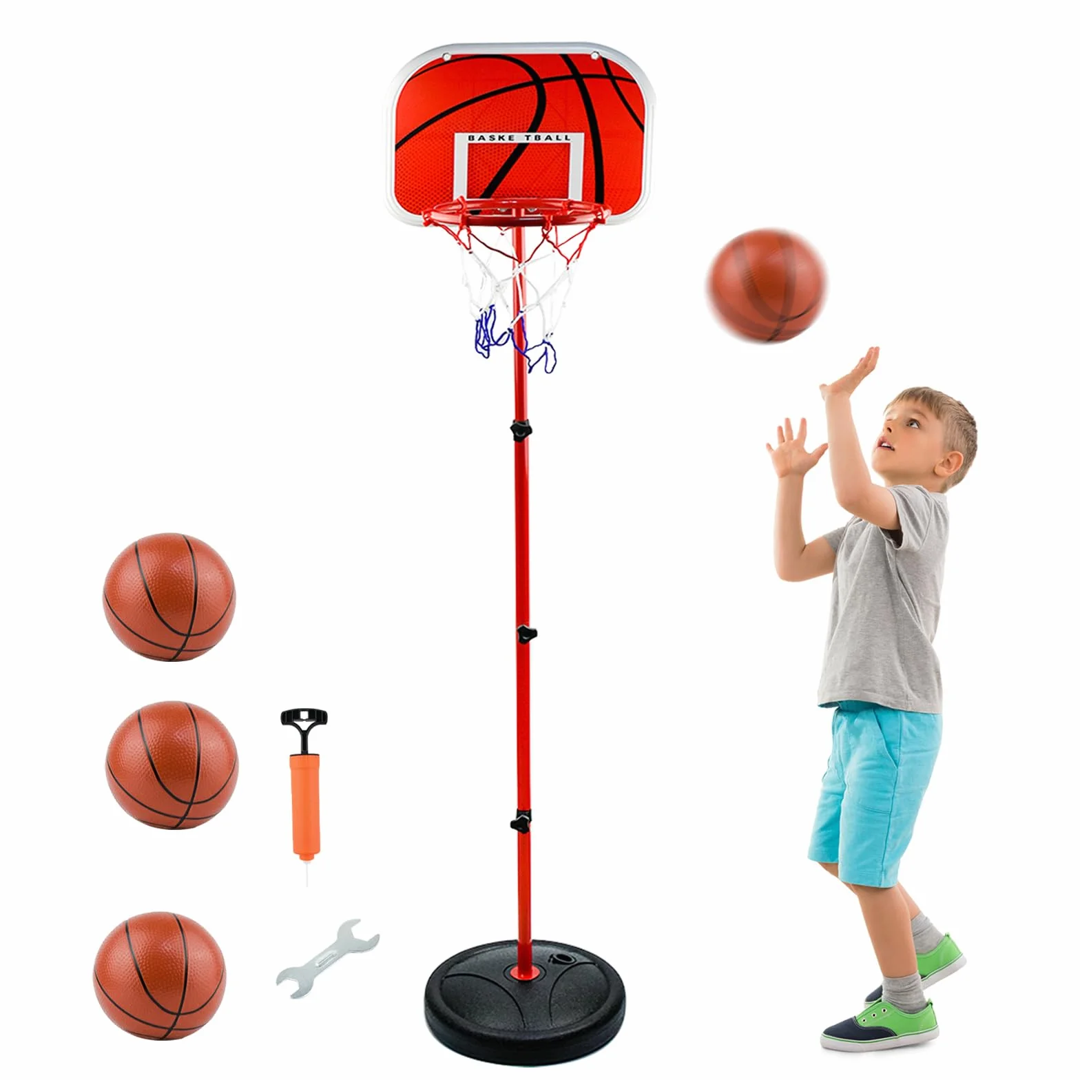 Canasta Baloncesto y Soporte Infantil, Portátil de 50 CM-150 cm para niños, Ajustable Aro de Baloncesto para Interior y Exterior, con 3 Bolas, Red, Bomba