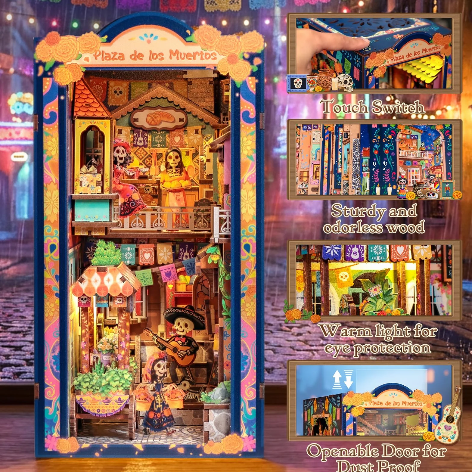 Cutefun Book Nook Kit para Día de Muertos - Kit de casa de muñecas en Miniatura - Kit de construcción de Modelo de decoración de estantería con luz LED, Rompecabezas de Madera 3D, Regalo Decorativo