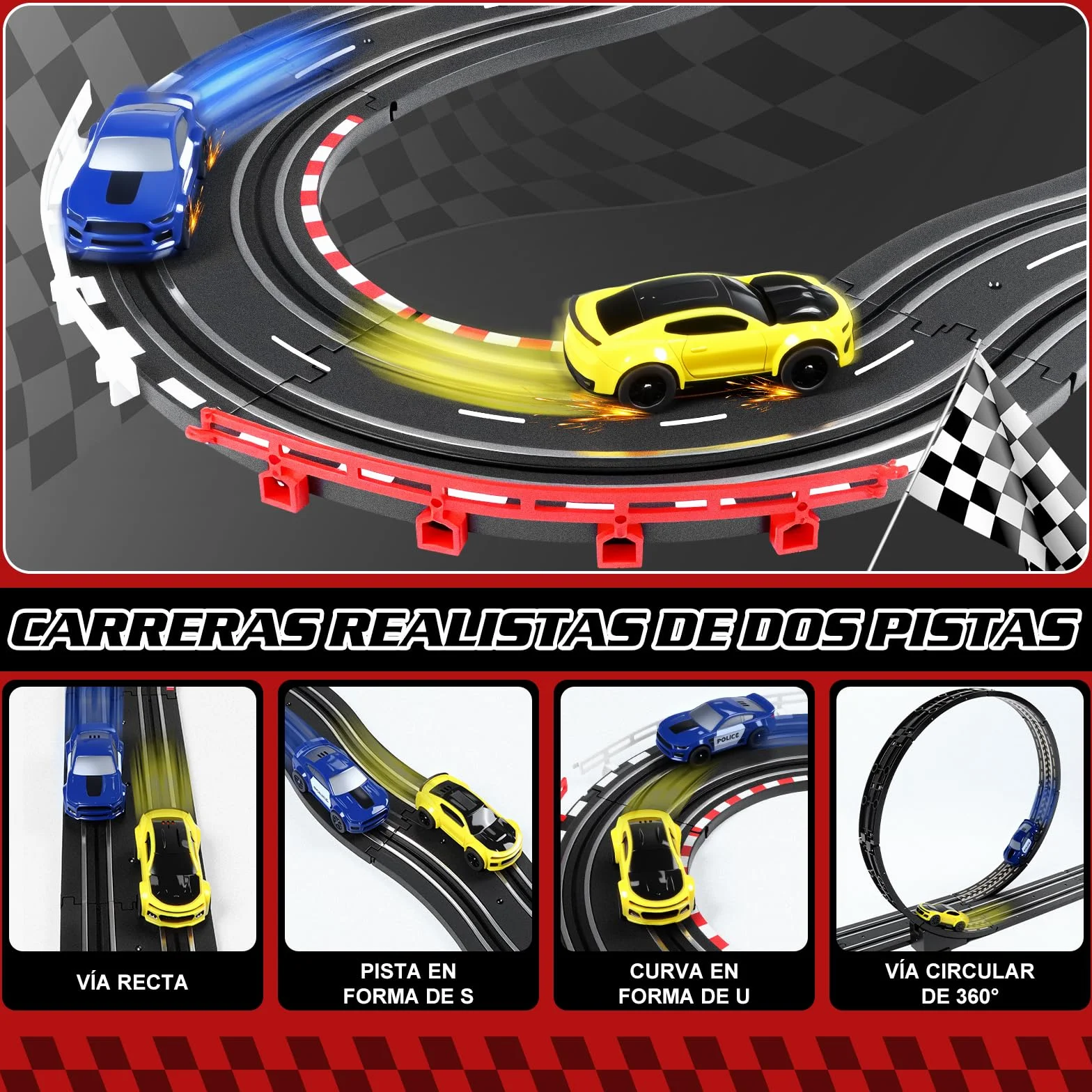 JONRRYIN Pista Carreras Electrica, Pista De Coches para Niños 1:64 Circuito Coches Pista Carreras Niños 3+ Años Juguete Regalos - 2 Coches, Bucle 360°, Contador Vueltas (308CM)