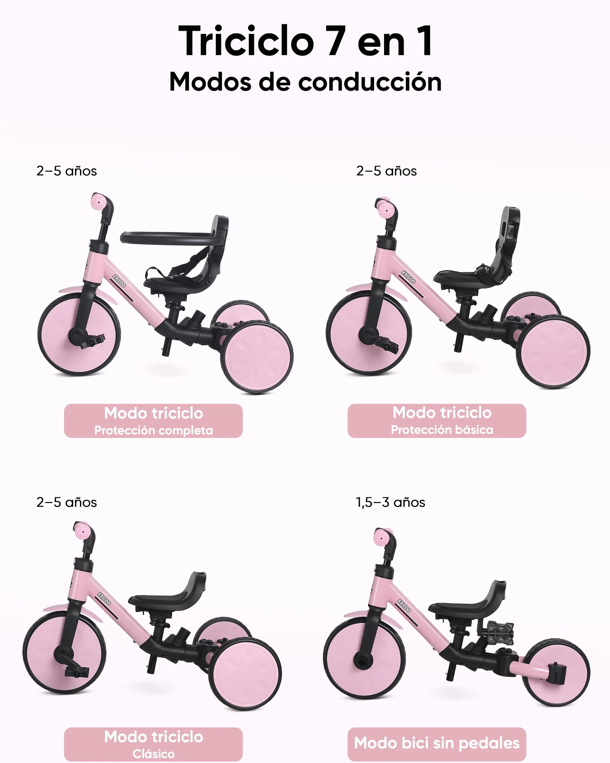 KRIDDO Triciclo Evolutivo 7 en 1 para Niños de 18 Meses a 5 Años – con Barra de Empuje, Triciclo y Bicicleta con o sin Pedales, Arnés de 3 Puntos, Bolsa de Almacenamiento, Rosa