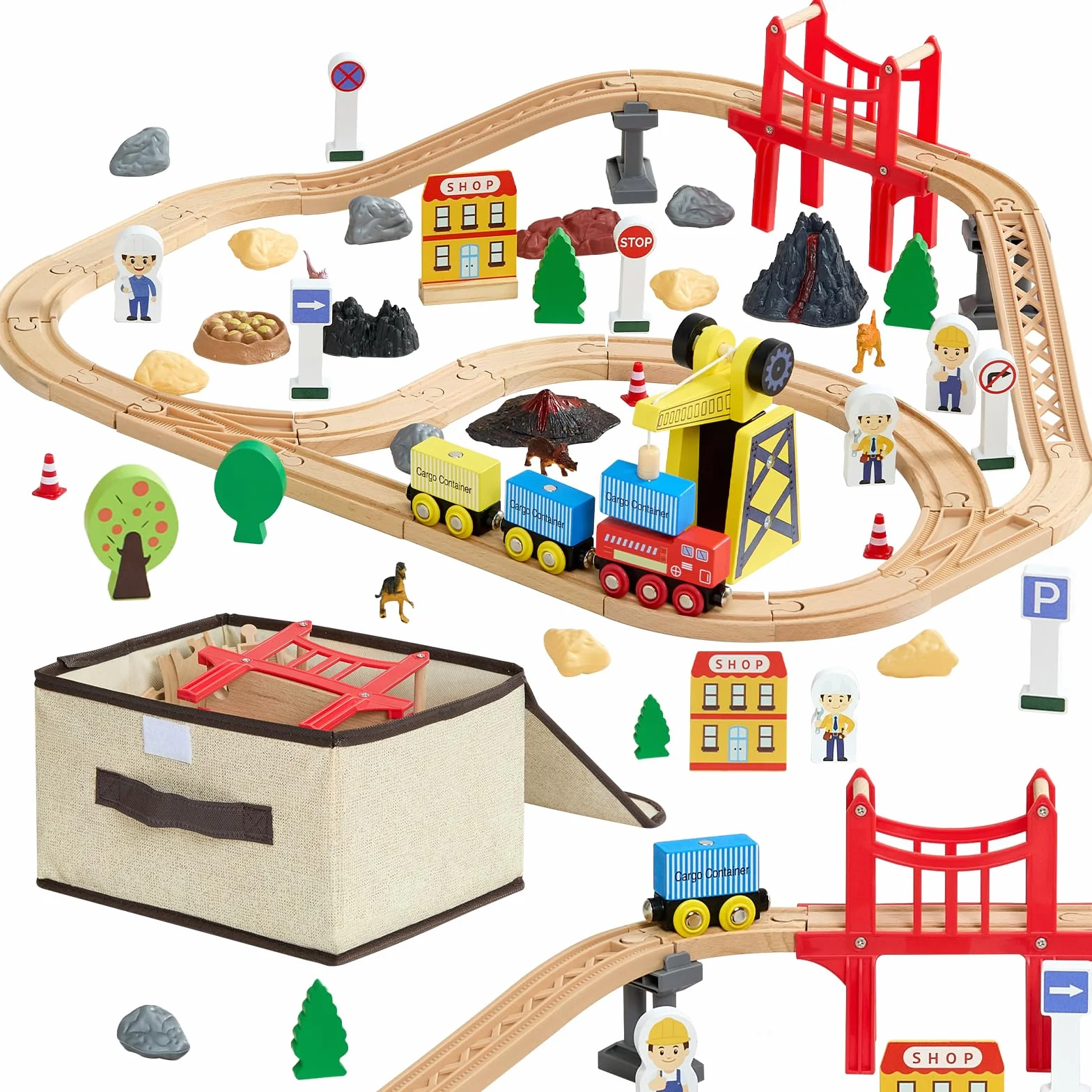 VEVOR Juego de Tren de Madera con Pistas, 70 Piezas con Accesorios, Grúa Magnética Camión Dinosaurio, Diseños Múltiples, Set Educativo, Juguete Compatible con Marcas Principales para Niños 3 a 8 Años