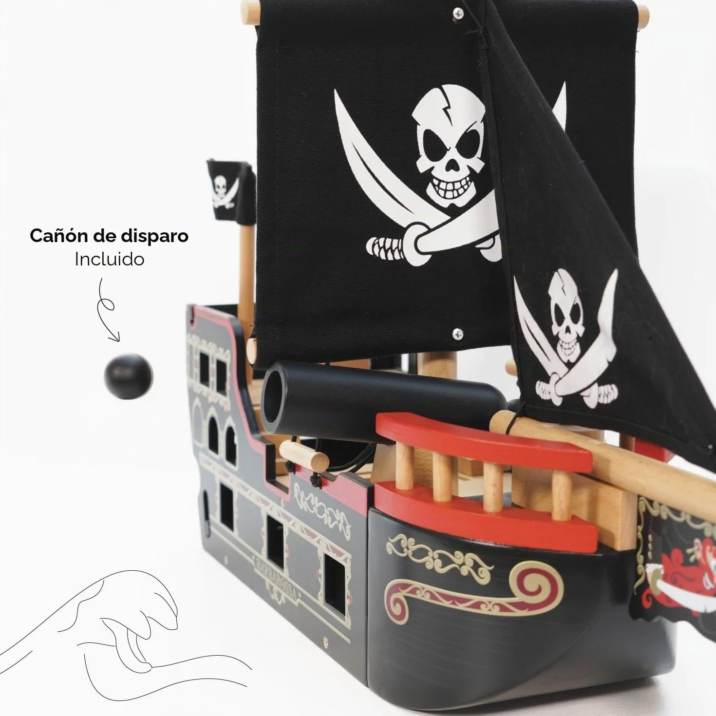 Le Toy Van - TV246 - Juego de Madera Galeón Pirata 3 años, Barco Pirata de Barbarroja, 2 Piratas incluidos, Brilla en la Oscuridad, 48 x 24 x 49 cm, Juegos ecológicos Montessori