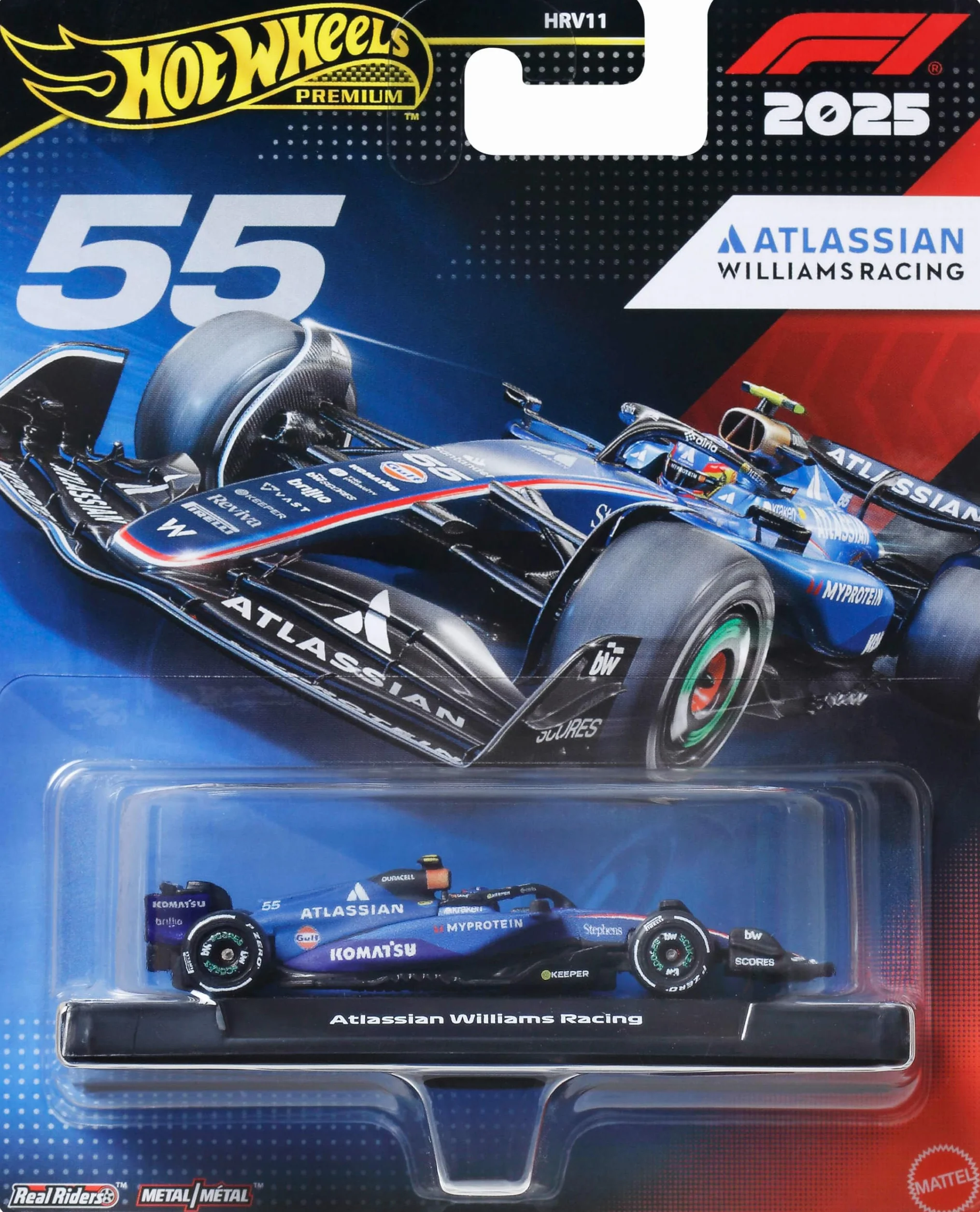 Hot Wheels Formula 1 Atlassian Williams Racing Carlos Sainz #55, Coche de Carreras metálico a Escala 1:64 con neumáticos Real Riders y carrocería metálica, JKD85