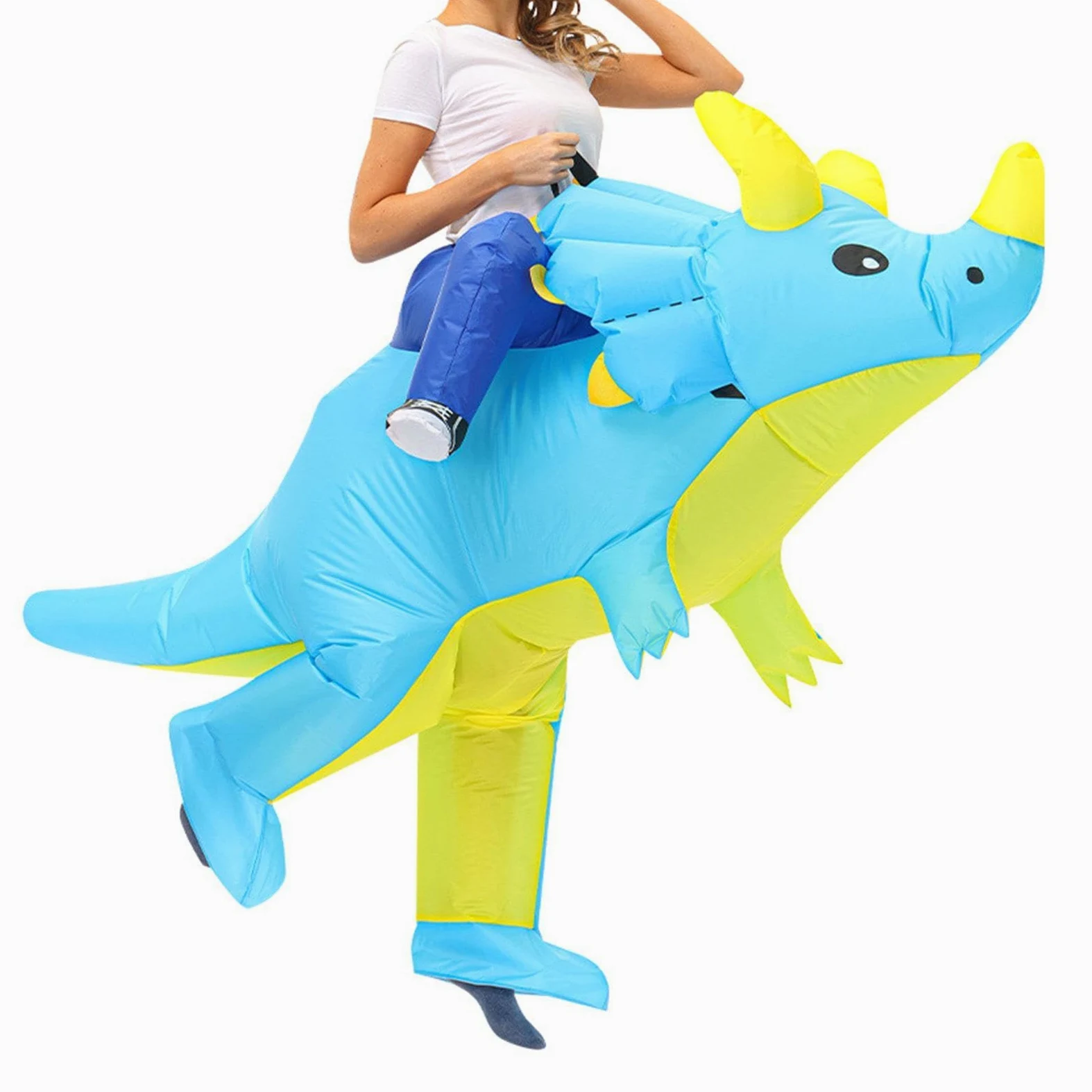 Disfraz Inflable de Dinosaurio con Ventilador Y Diseño de Montar Triceratops para Adultos Y Niños en Poliéster Cómodo Adecuado para Fiestas, Tamaño para Niños