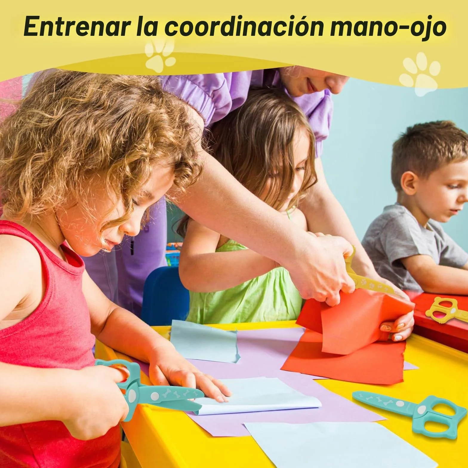 DealKits Juego de Corte Para Niños - 2 Tijeras de Seguridad + 48 Hojas - Actividades Divertidas Para Preescolar y Guardería - DIY