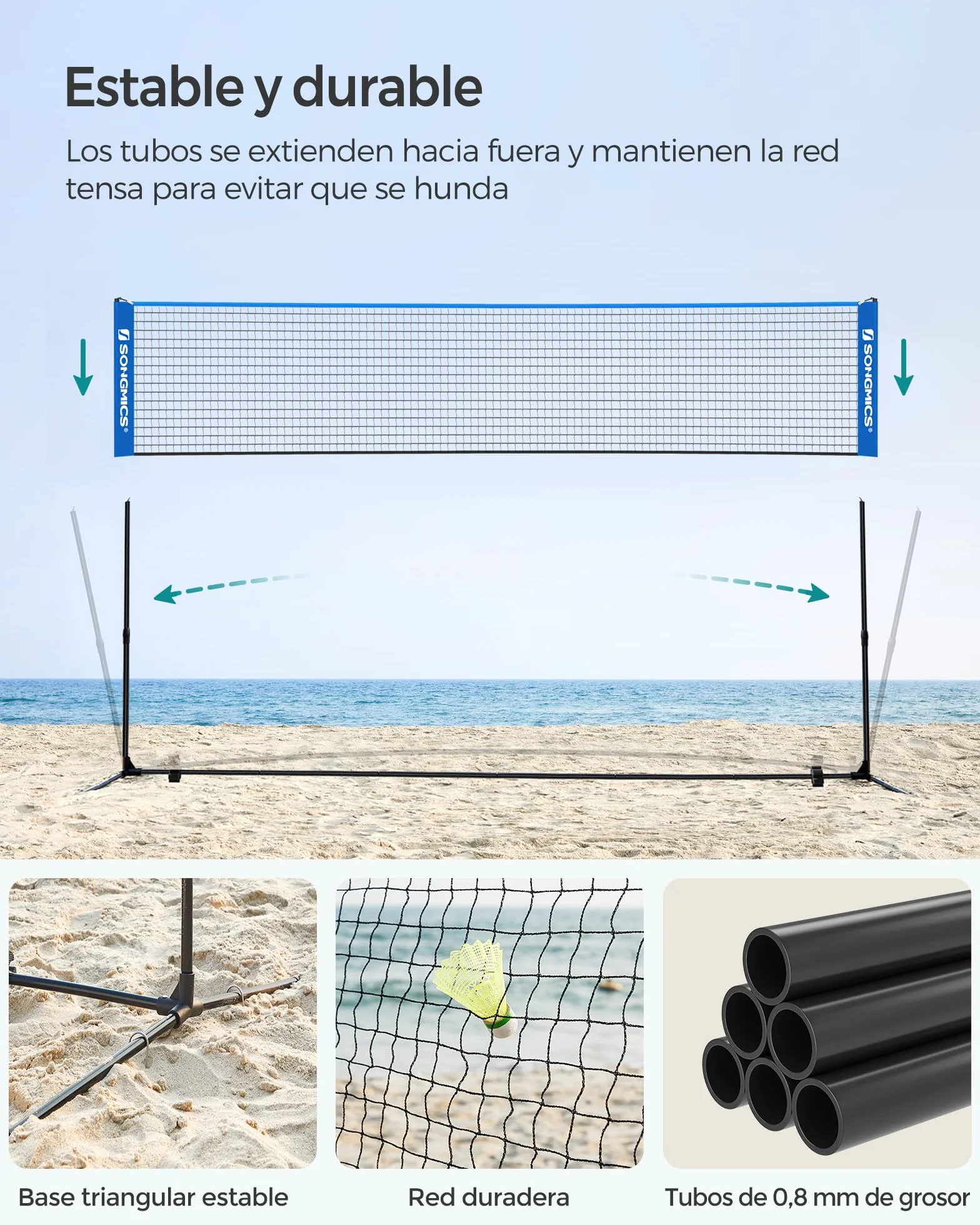 SONGMICS Red de Bádminton 4 m, Voleibol con Postes Ajustables, Portátil para Jardín, Parque, Exterior, Azul SYQ400