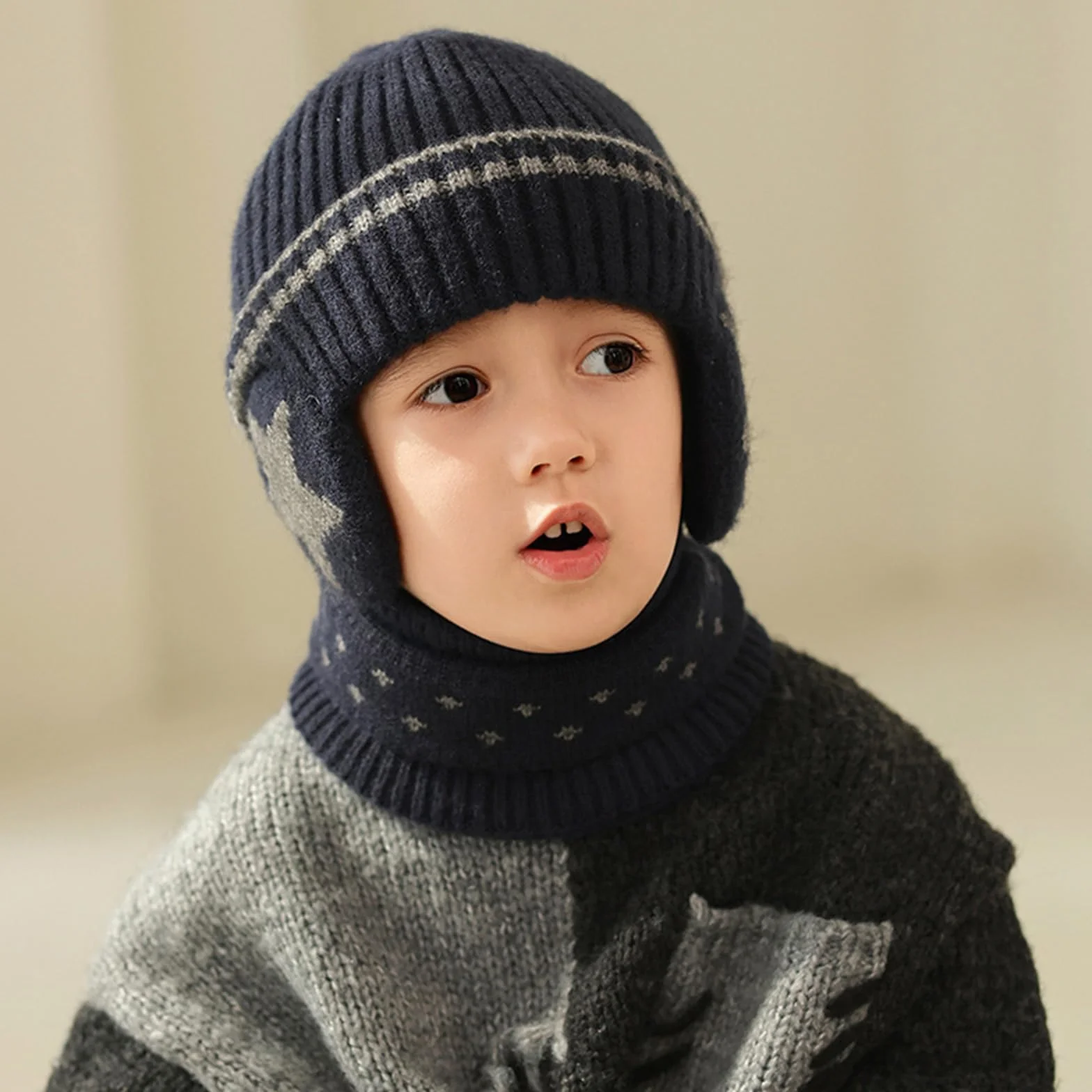 3 Piezas 3 en 1 Conjunto de Gorro Bufanda y Guantes para Niños, Sombrero de Punto con Forro Polar, Invierno Cálido Beanie