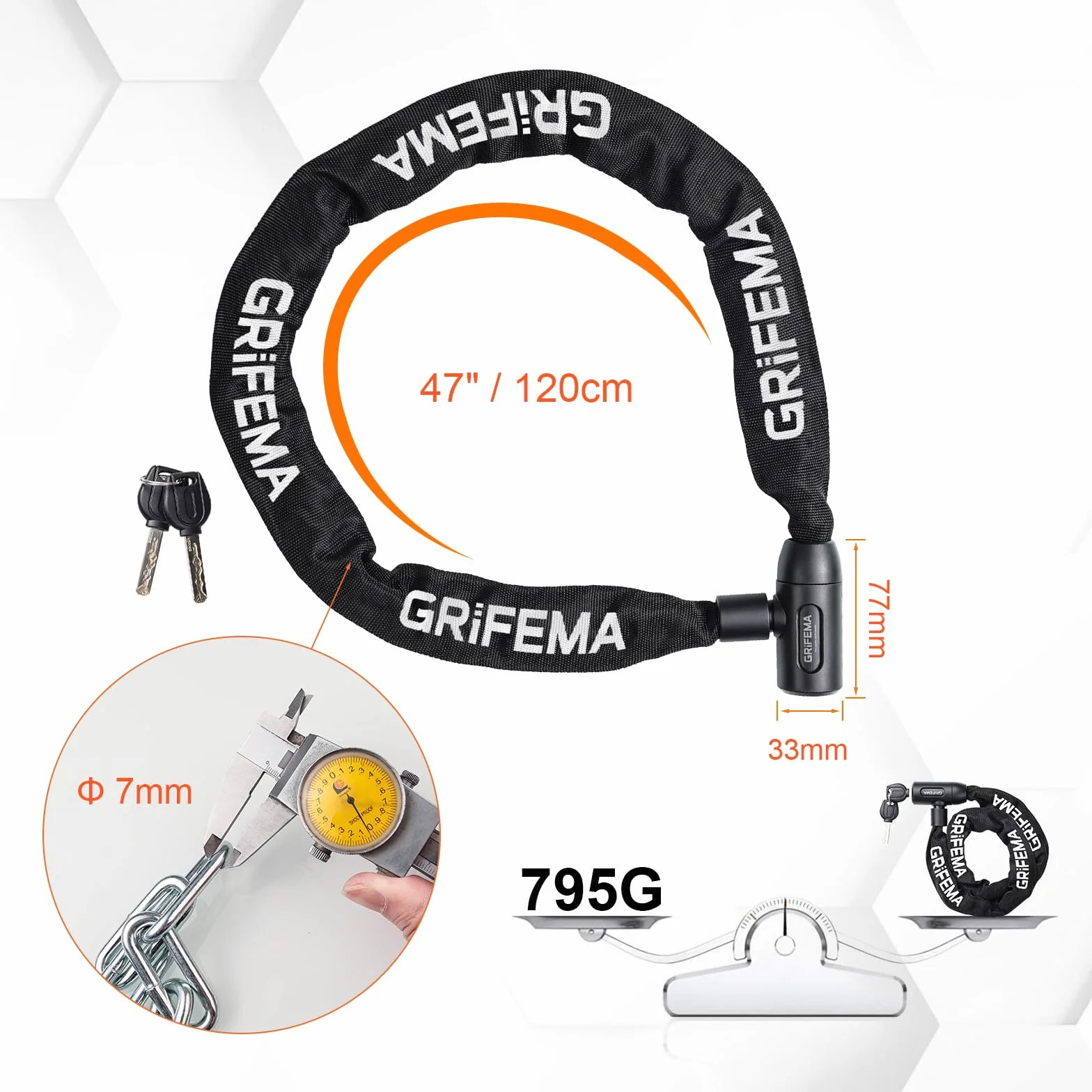 GRIFEMA GA1201-12 Candado de Bicicleta Antirrobo con Llave, Cadena 120cm, Negro