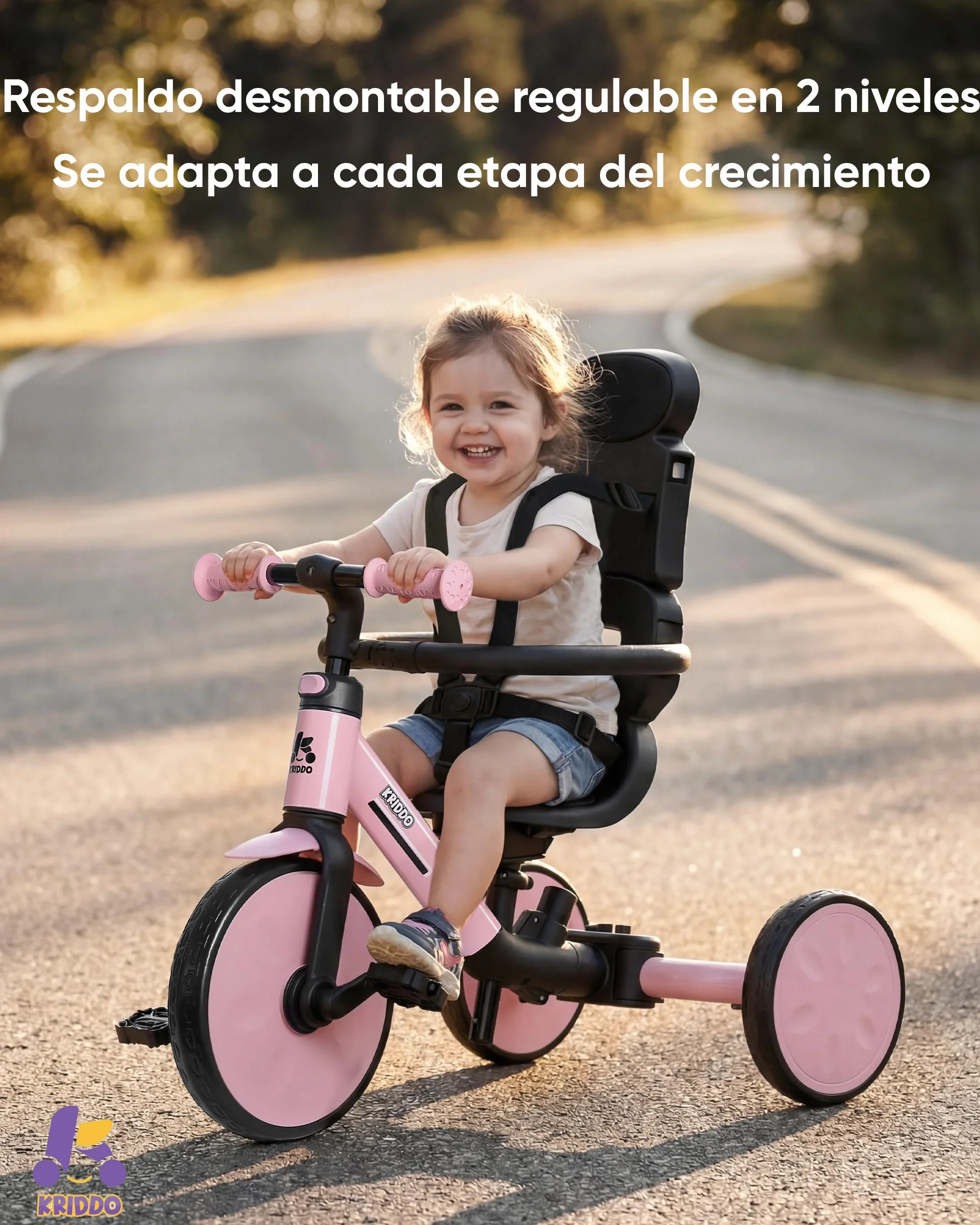 KRIDDO Triciclo Evolutivo 8 en 1 para Niños de 18 Meses a 5 Años, con Barra de Empuje, Triciclo y Bicicleta con o sin Pedales, Arnés de 5 Puntos Mejorado, Capota Plegable y Bolsa, Rosa