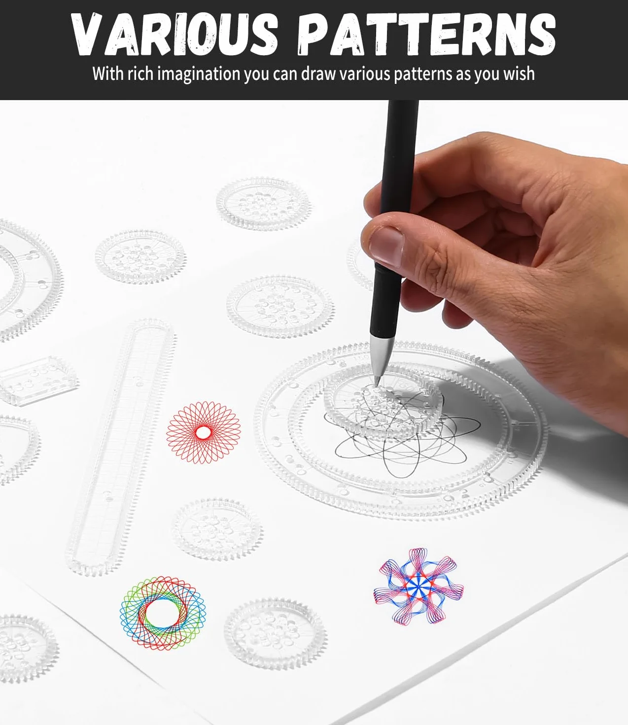 LEAZZLE Spirograph, Juego de Espiral, 28 Piezas Juego de Regla de Dibujo de Engranajes, Espirografo Niñosa, Juego Creativo de Mandalas,Spirograph Deluxe Set, Juegos para Pintar Niños y Adultos
