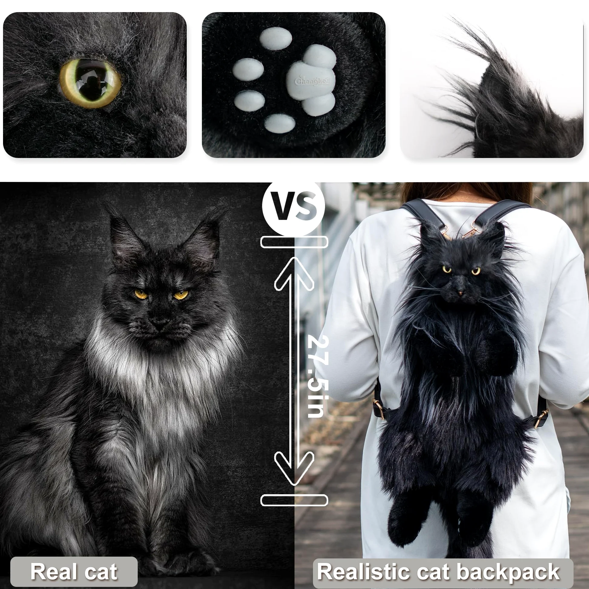 Chongker Juguetes de peluche hechos a mano realistas de peluche compañero de mascotas regalos para mujeres cumpleaños aniversario (bolsa negra), Mainecoon Negro, L