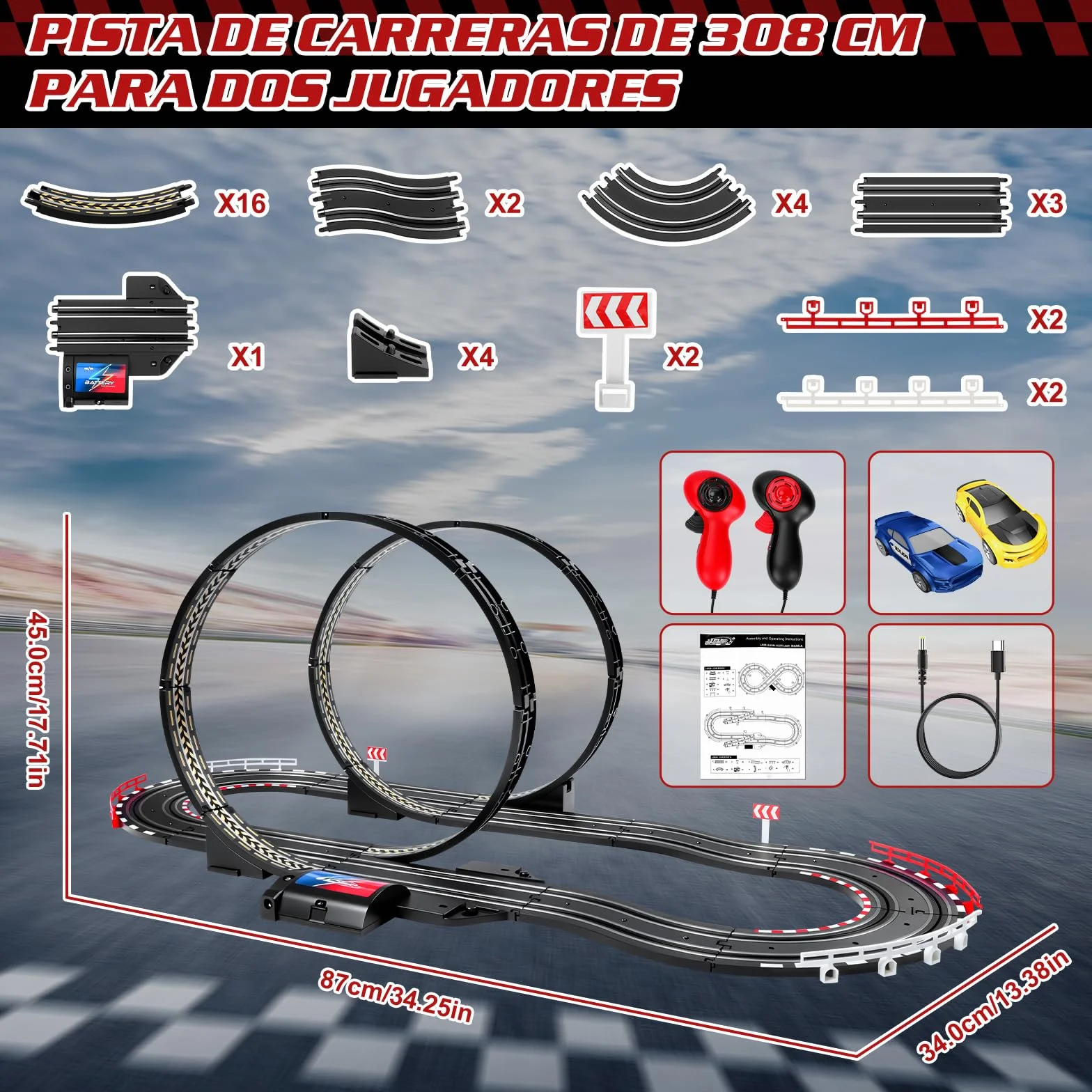 JONRRYIN Pista Carreras Electrica, Pista De Coches para Niños 1:64 Circuito Coches Pista Carreras Niños 3+ Años Juguete Regalos - 2 Coches, Bucle 360°, Contador Vueltas (308CM)
