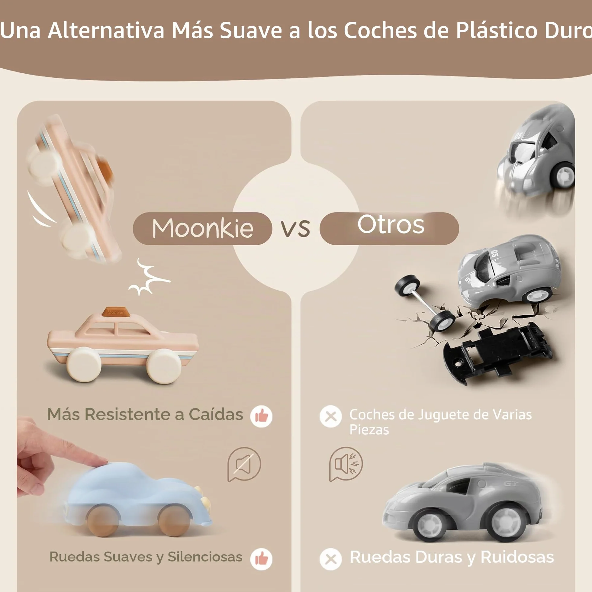 Moonkie Roll & Go Coches para Niños, Paquete de 3, Coches Juguete Silicona Blanda, Regalo Niño 6 Meses+ 1 2 3 Años, Mordedor Bebe, Juguetes Montessori, Coches para Bebes sin BPA, para Casa y Viaje