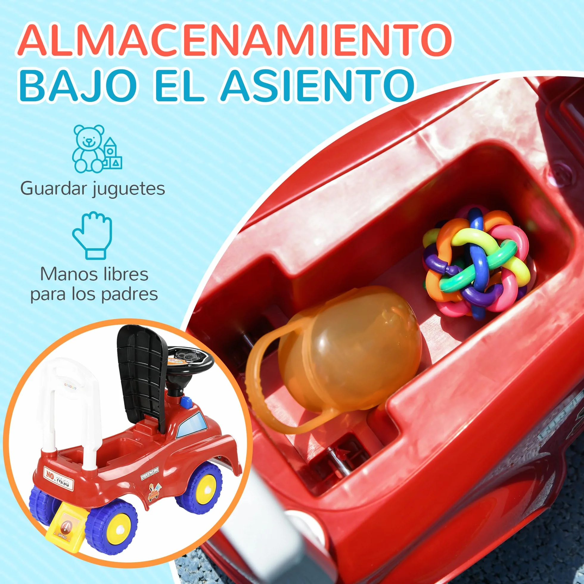 AIYAPLAY Coche Correpasillos para Niños de 18-36 Meses, Diseño de Camión de Bomberos, Correpasillos con 3 Luces, Música, Compartimento de Almacenaje y Volante, 49x24x42 cm, Rojo