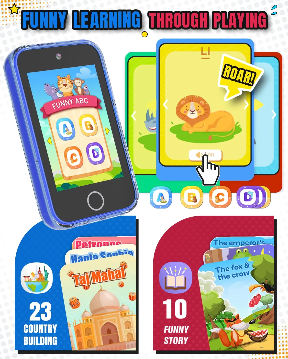 Byserten - Teléfono inteligente para niños, visualización táctil de 3.5 pulgadas con doble cámara, juguetes educativos de aprendizaje para niños de 3 a 10 años, regalos de cumpleaños de Navidad