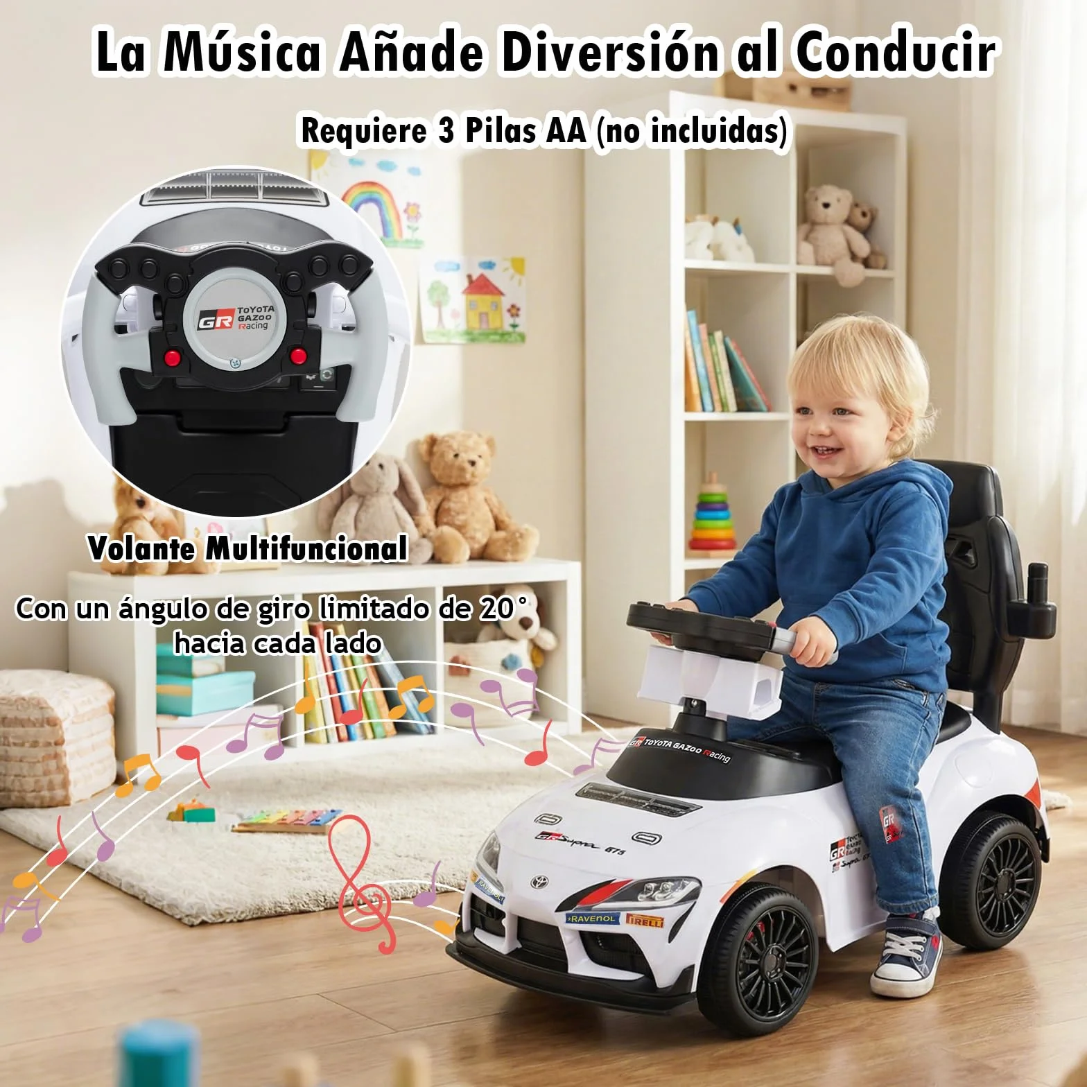 GOPLUS Correpasillo 3 en 1, Coche Correpasillos para Niños con Barra de Empuje, Barandilla de Seguridad Desmontables, Volante con Sonido y Música, Almacenaje bajo Asiento, para 1,5-5 Años (Blanco)