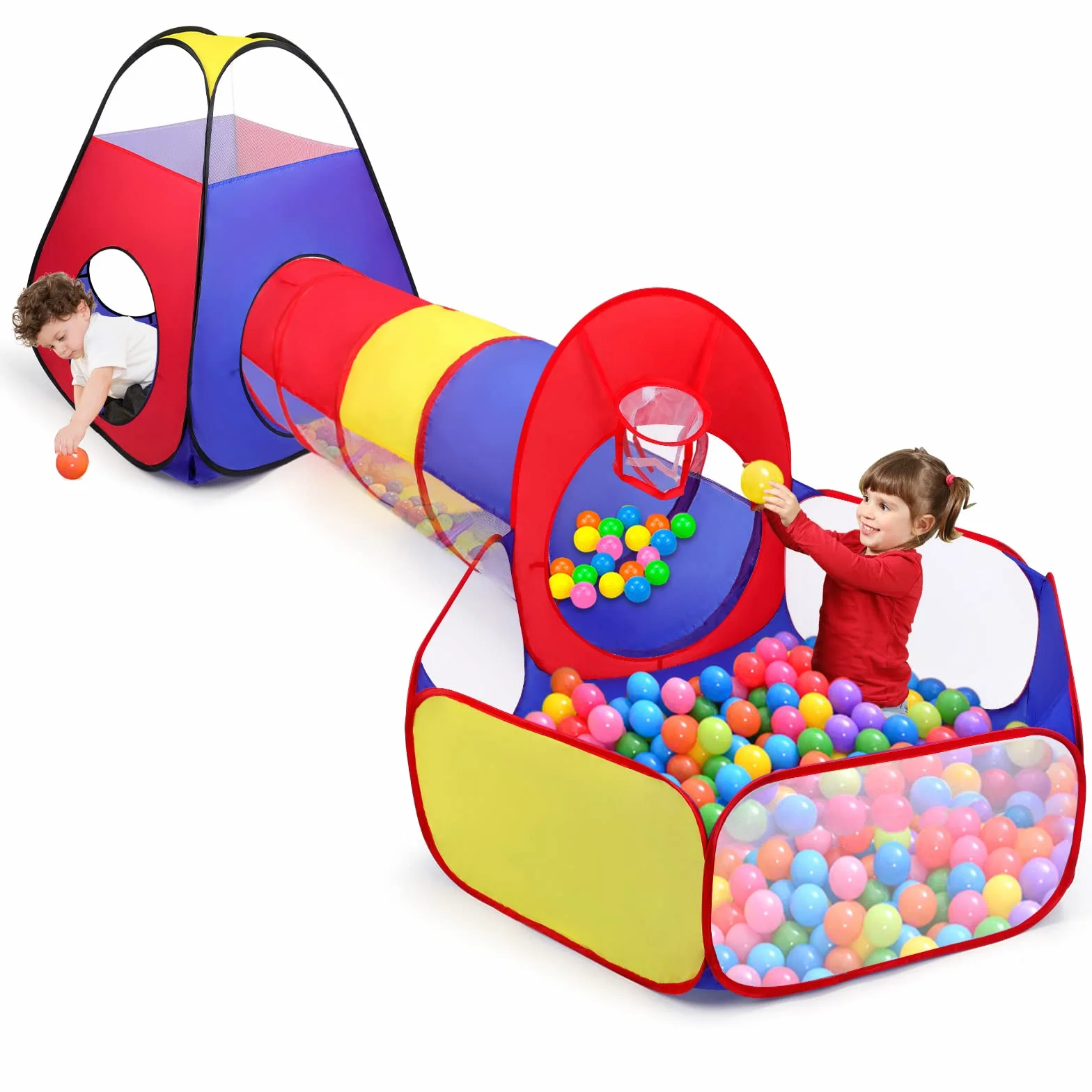 Tienda Campaña Infantil + Piscina de Bolas + Túnel Plegable 3 en 1 Pop Up, Opret Parque de Bolas Exterior o Interior, Juego de Regalo para Niños (No Incluye Las Bolas)
