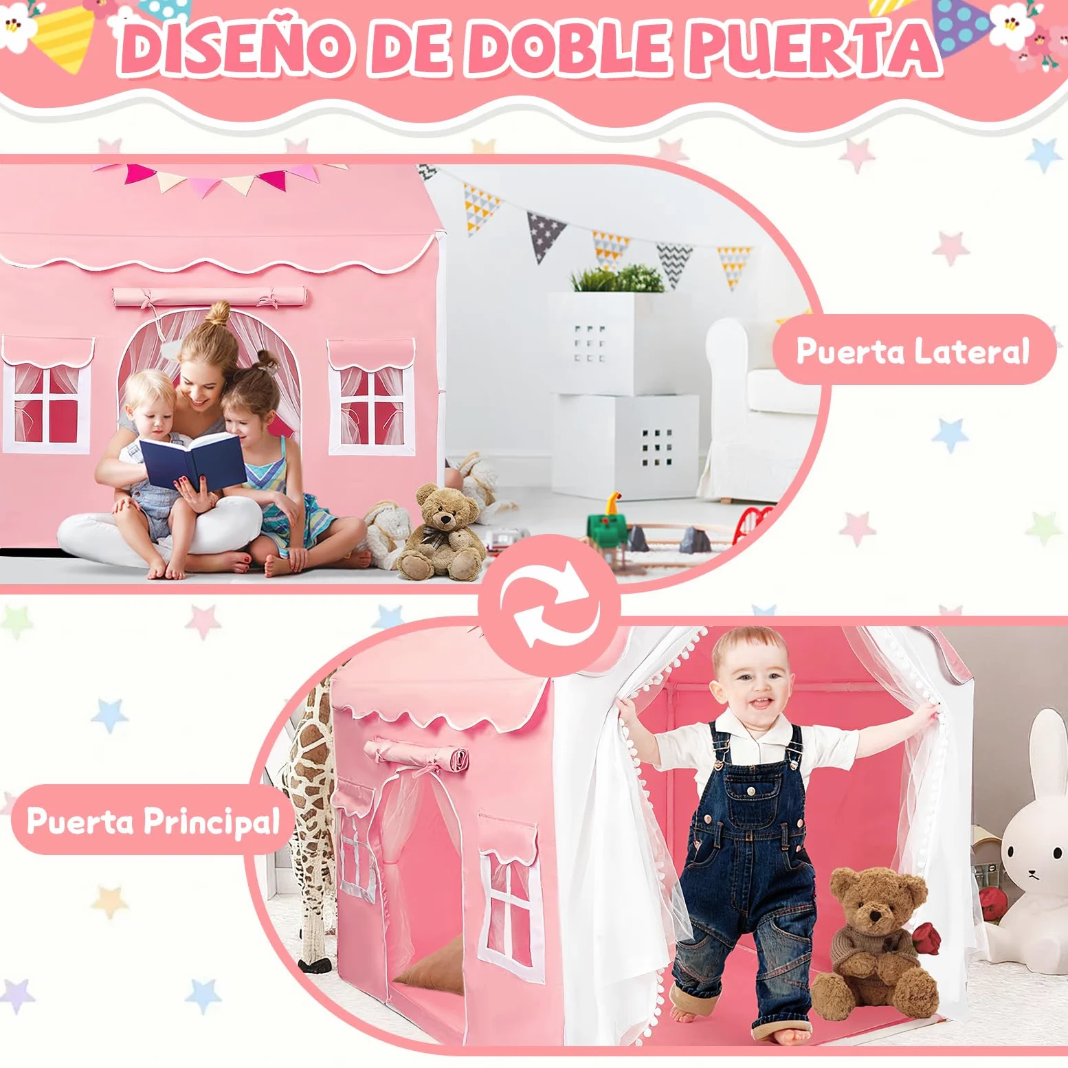 JONRRYIN Tienda Campaña Infantil con 2 Puertas, Cabañas para Niños con Luces Banderas y Bajera, Casitas Infantiles Tela Interior, Ideal Casita Infantil para Niños Niñas