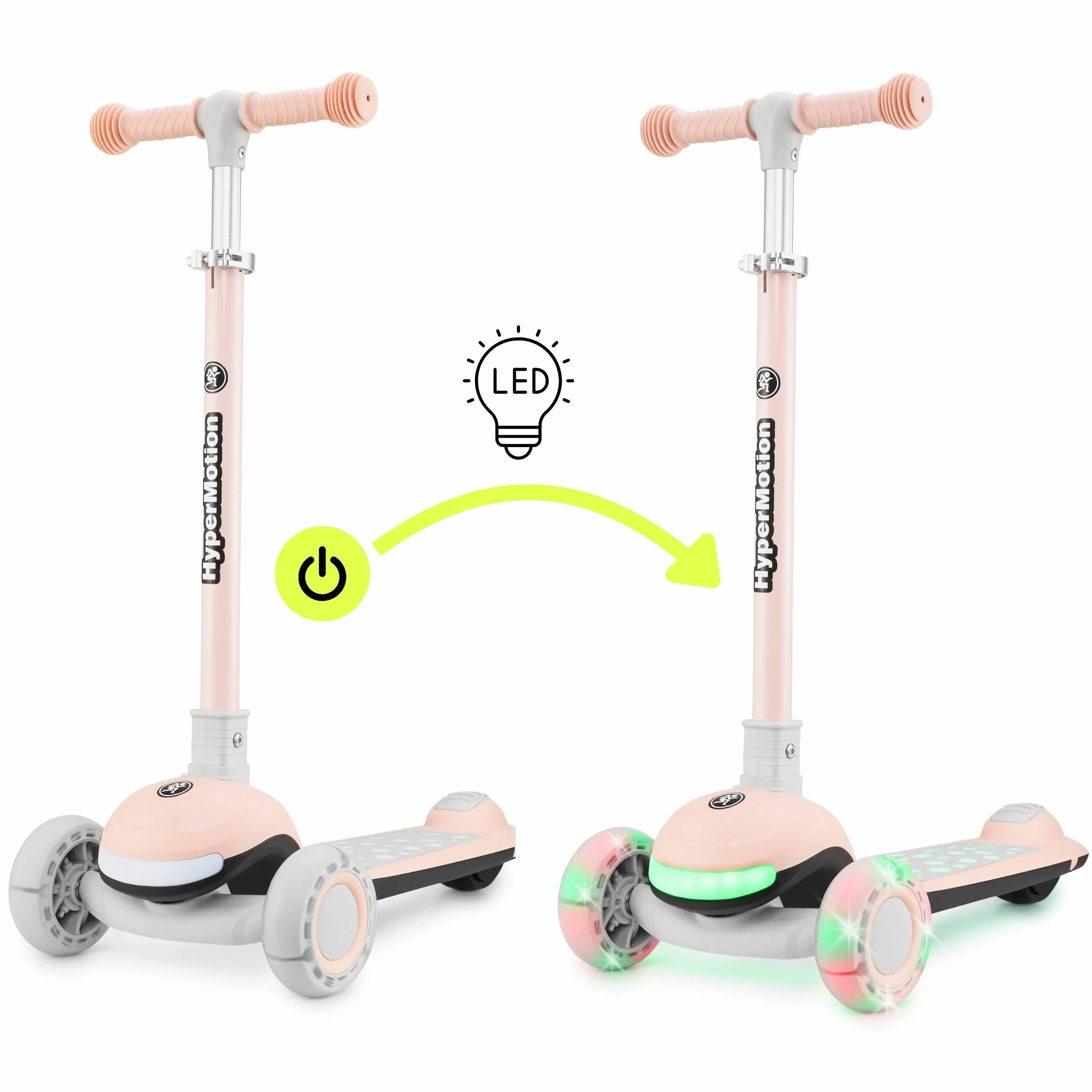 HyperMotion Patinete para niños con Luces LED 3 en 1 LUMI, Asiento Ajustable, Plegable, Ruedas de PU, Manillar T-Bar, hasta 50 kg, Desde 1 año, Uso Interior y Exterior (Rosa)