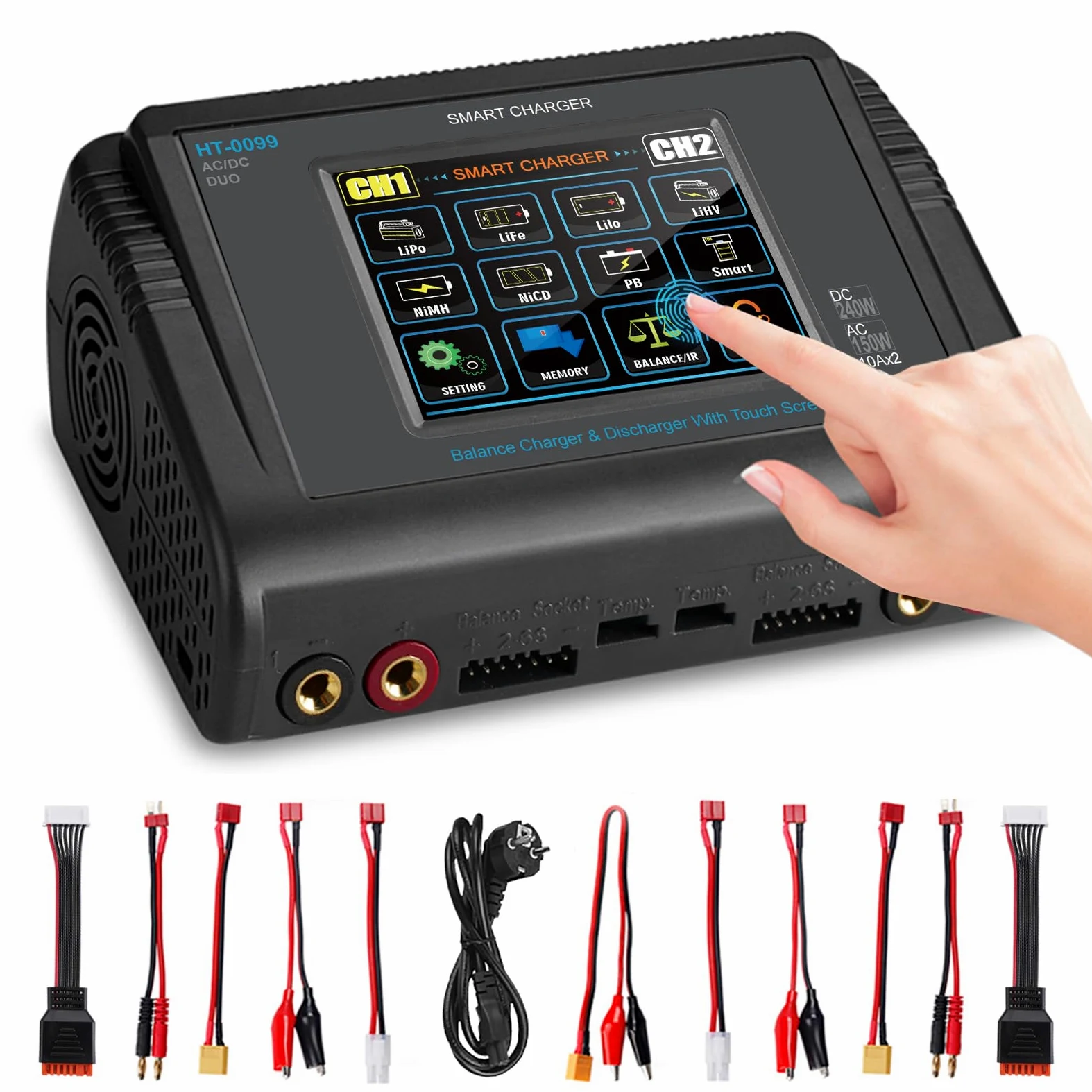 Haisito LiPo - Cargador para pantalla táctil, doble balance, CA 150 W, CC, 240 W, 10 A, para vida útil de iones de litio, NiCd, NiMH, LiHV PB