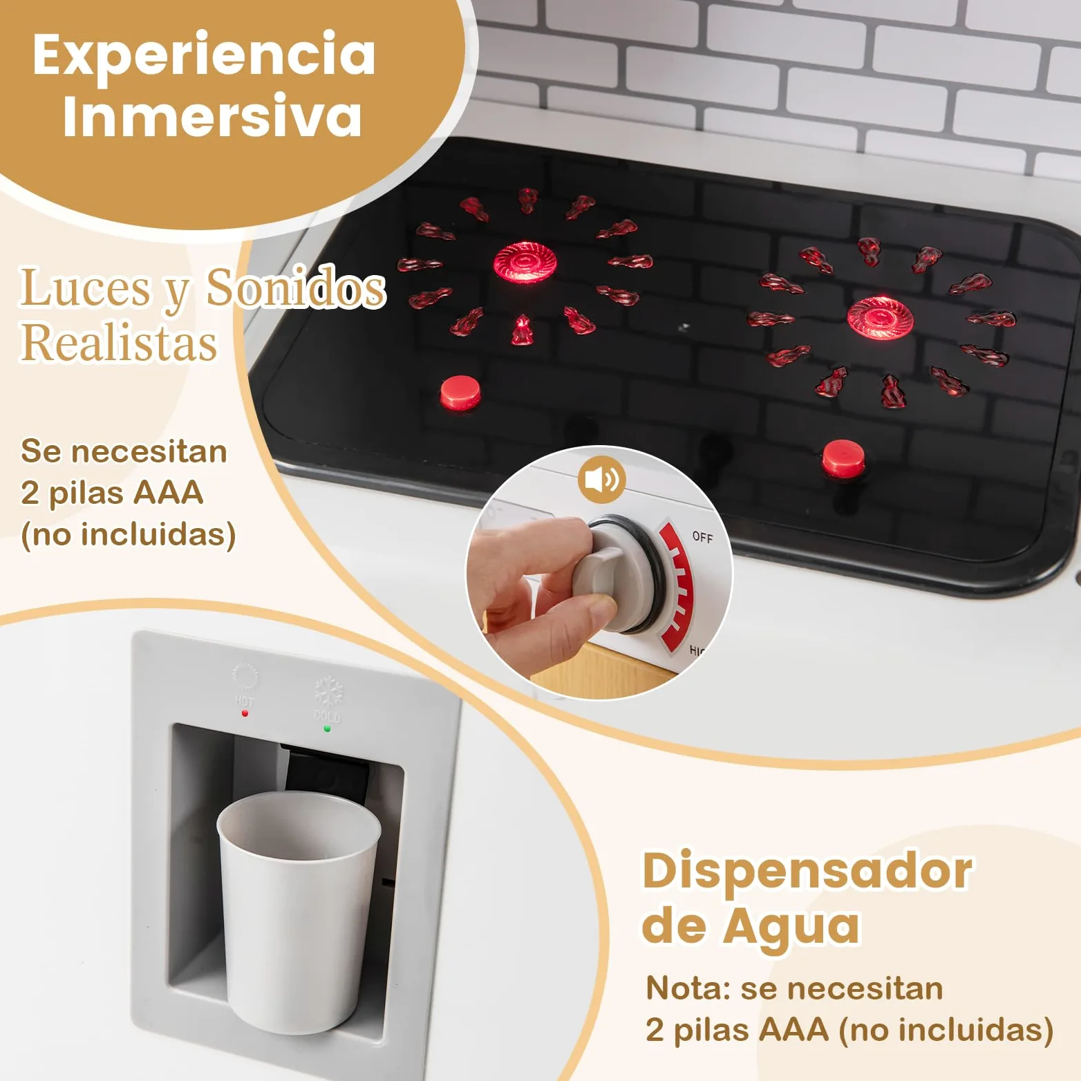 COSTWAY Cocina Juguete para Niños, Cocinita de Madera Infantil con Horno, Lavadora, Microondas, Dispensador de Agua, Teléfono, Sonidos y Luces Reales, Cocinita Infantil para Niños de 3+ Años (Blanco)