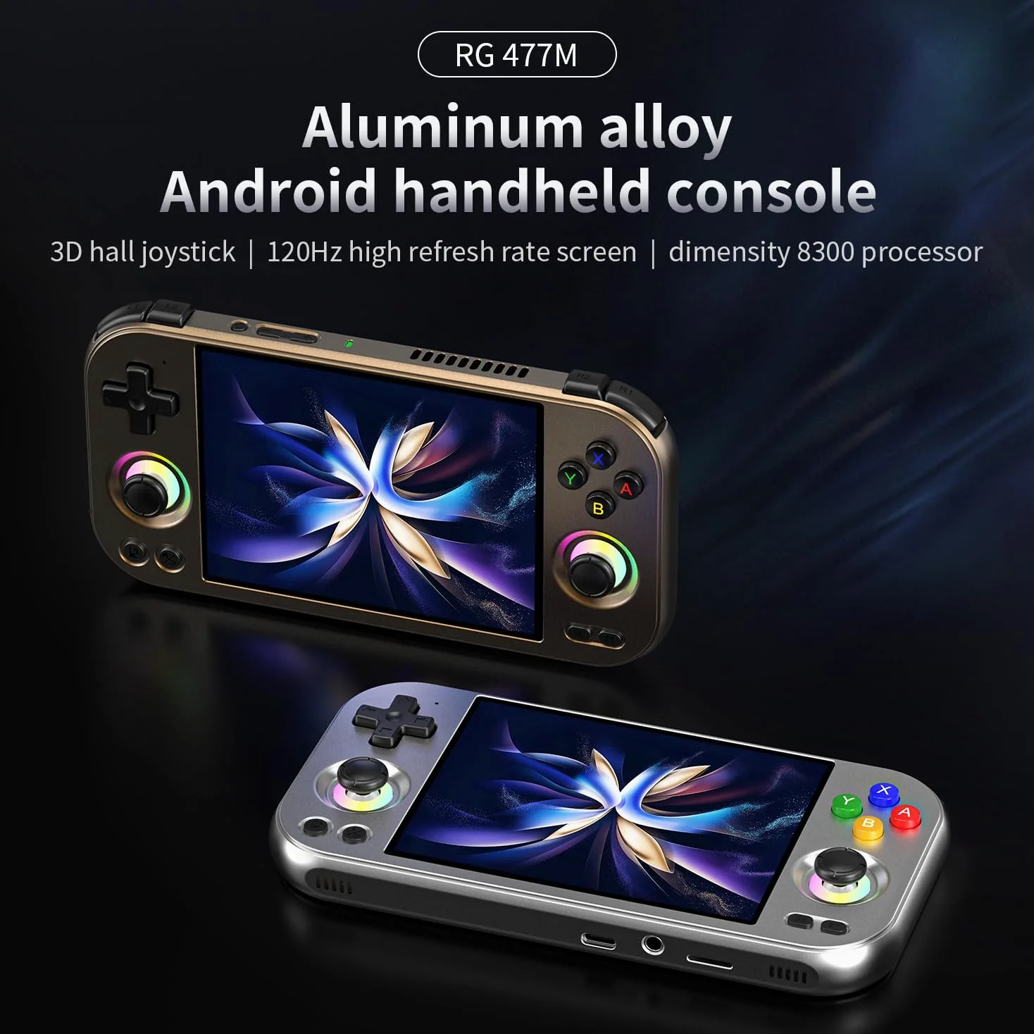 RG477M - Consola de juegos de mano retro, aleación de aluminio CNC, sistema Android 14 de 4.7 pulgadas, LTPS de 4.7 pulgadas, pantalla integrada, procesador 8300, compatible con WiFi 6E, Bluetooth 5.3