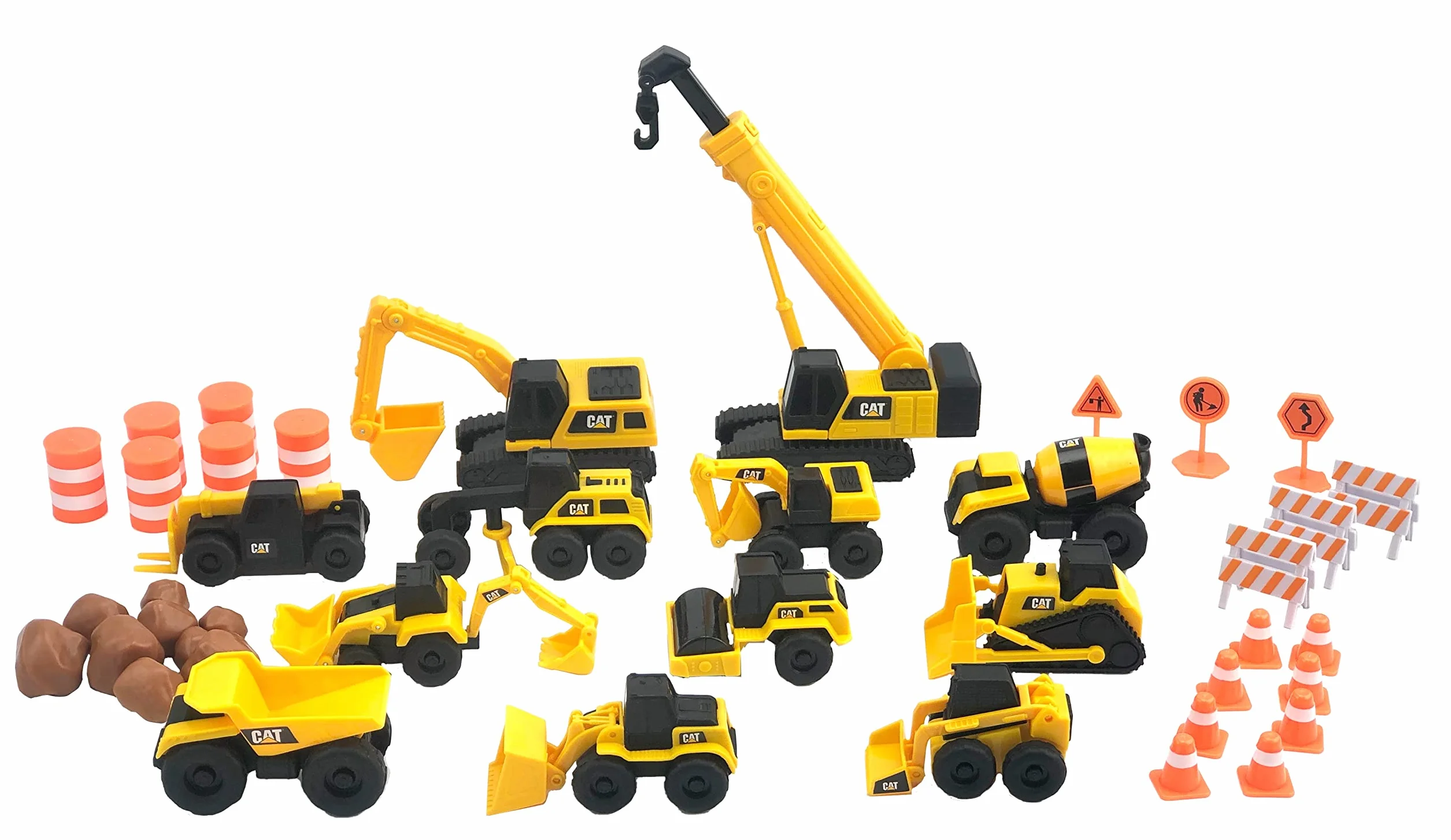 CAT Construction Toys, Little Machines Mega Set – 40+ Pieces with XL Crane & Excavator, 10 Mini Vehicles, Road Signs, Cones, Boulders & Barricades, Indoor/Outdoor STEM Toy for Kids Ages 3 +