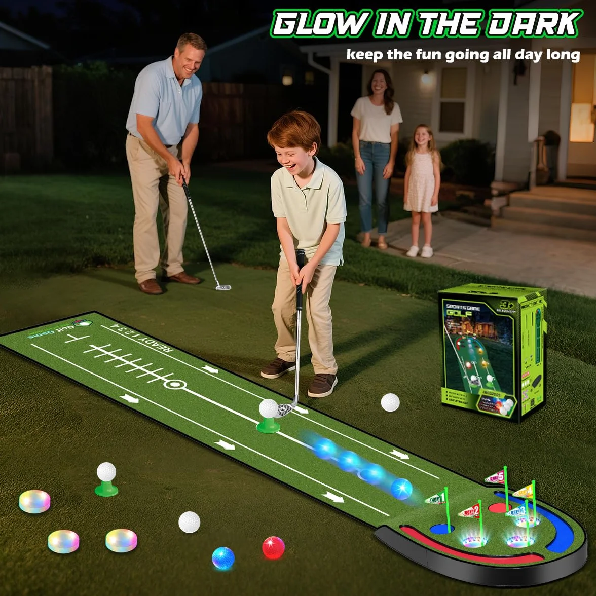 TERRAMUS - Tapete de Golf Mejorado para niños, Green de 2,3 m con Hoyos iluminados con LED, Bolas Brillantes, 2 Palos, Juego de Golf de Juguete, tapete de Golf para Interior y Exterior