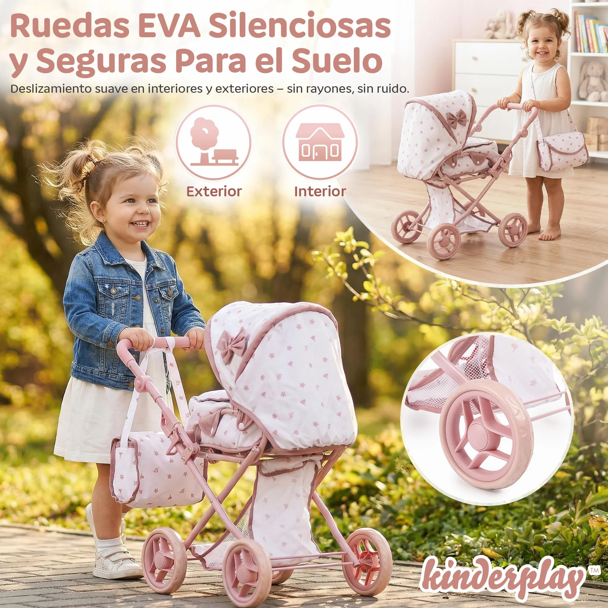Kinderplay Cochecito de muñecas 3 en 1 Rosa con Bolsa de Transporte – Cochecito de muñeca Ajustable de 36,5 – 64 cm, Plegable, Ruedas de Espuma silenciosas, para muñecas de hasta 40 cm, a Partir de 3