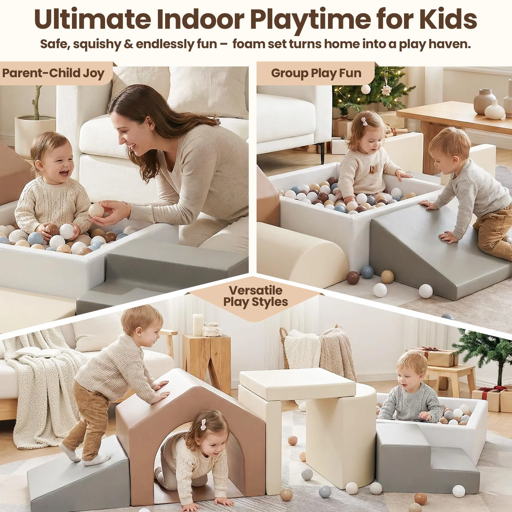 Juego de 7 Bloques de Espuma para Niños: Cuero sintético Bloques Psicomotricidad Infantil con Piscina de Pelotas(Sin Pelotas)- Set de Escalada Suave Ligero para Interior Infantil para Escalar y Niños