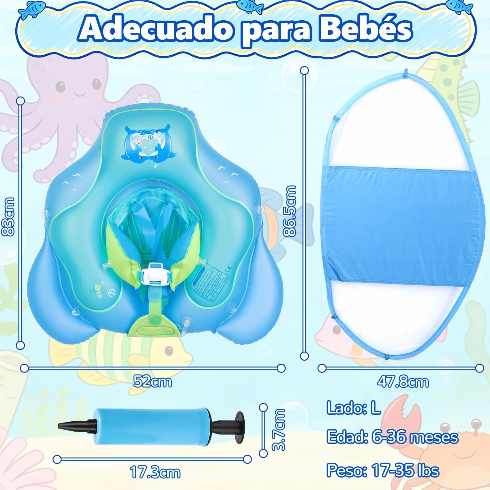 Flotador de Bebé UPF 50+ Boya Piscina Antivuelco Asiento Acuático 6-36 Meses