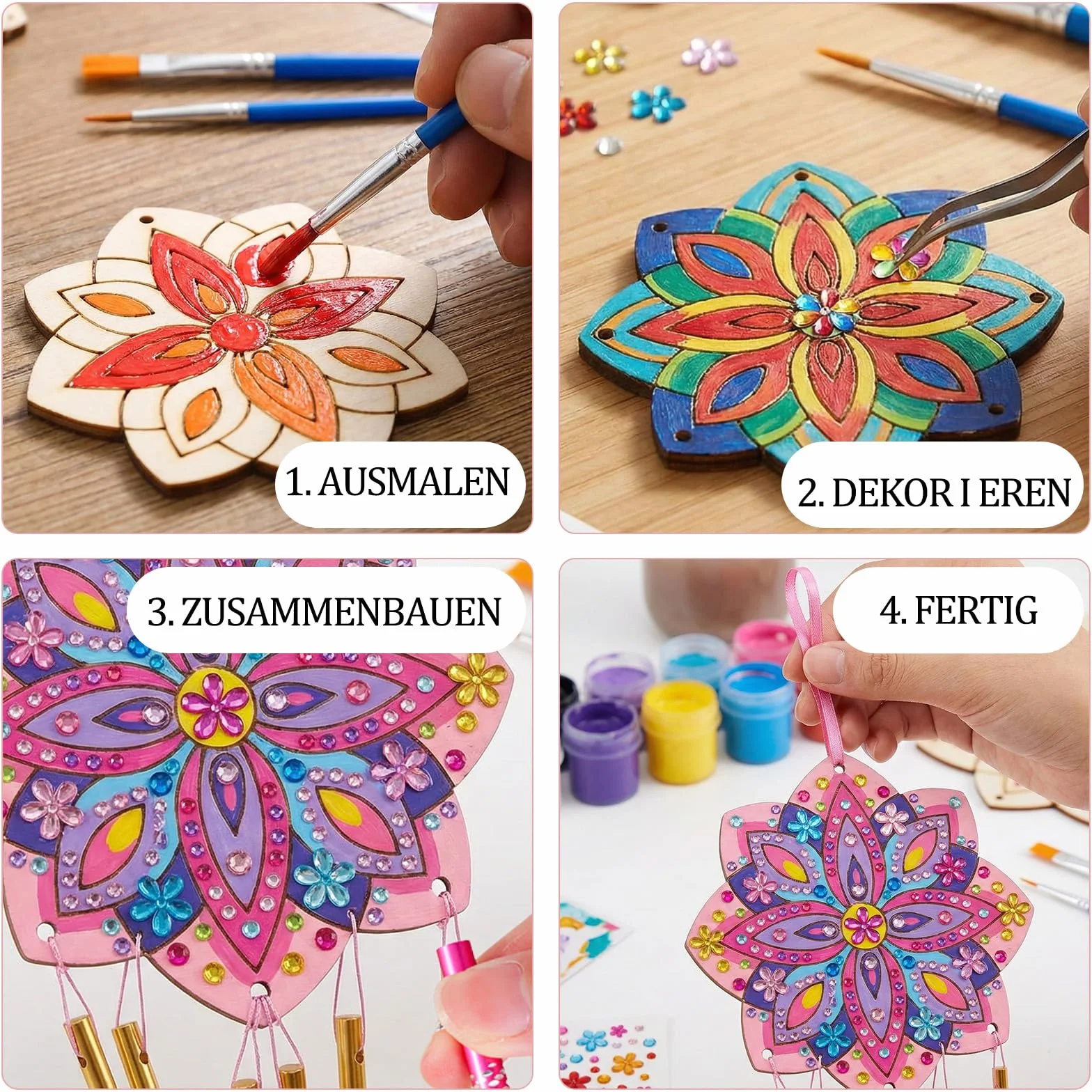 Juego de 10 carillones de viento para niños, manualidades, madera, carillones de viento para niños, mandala, juegos de manualidades de madera, decoración de jardín, creativos, para invitados, fiestas