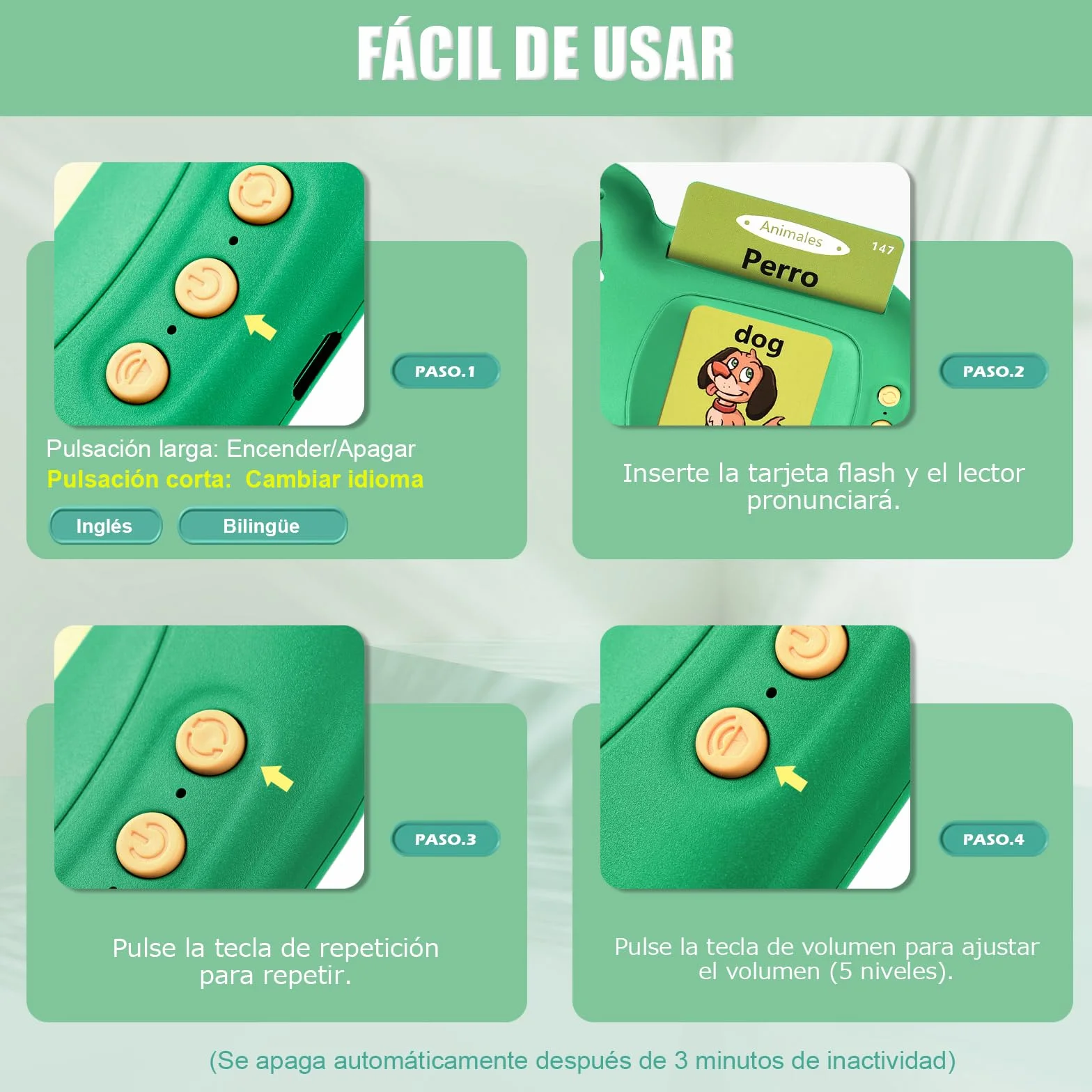 Tarjetas Flash Parlantes 510 Palabras Tarjeta Flash Parlante Juguetes Educativos Niños para 3+ Años 255 Tarjetas Flash Parlantes Juguetes de Aprendizaje Talking Flash Card (España Verde)