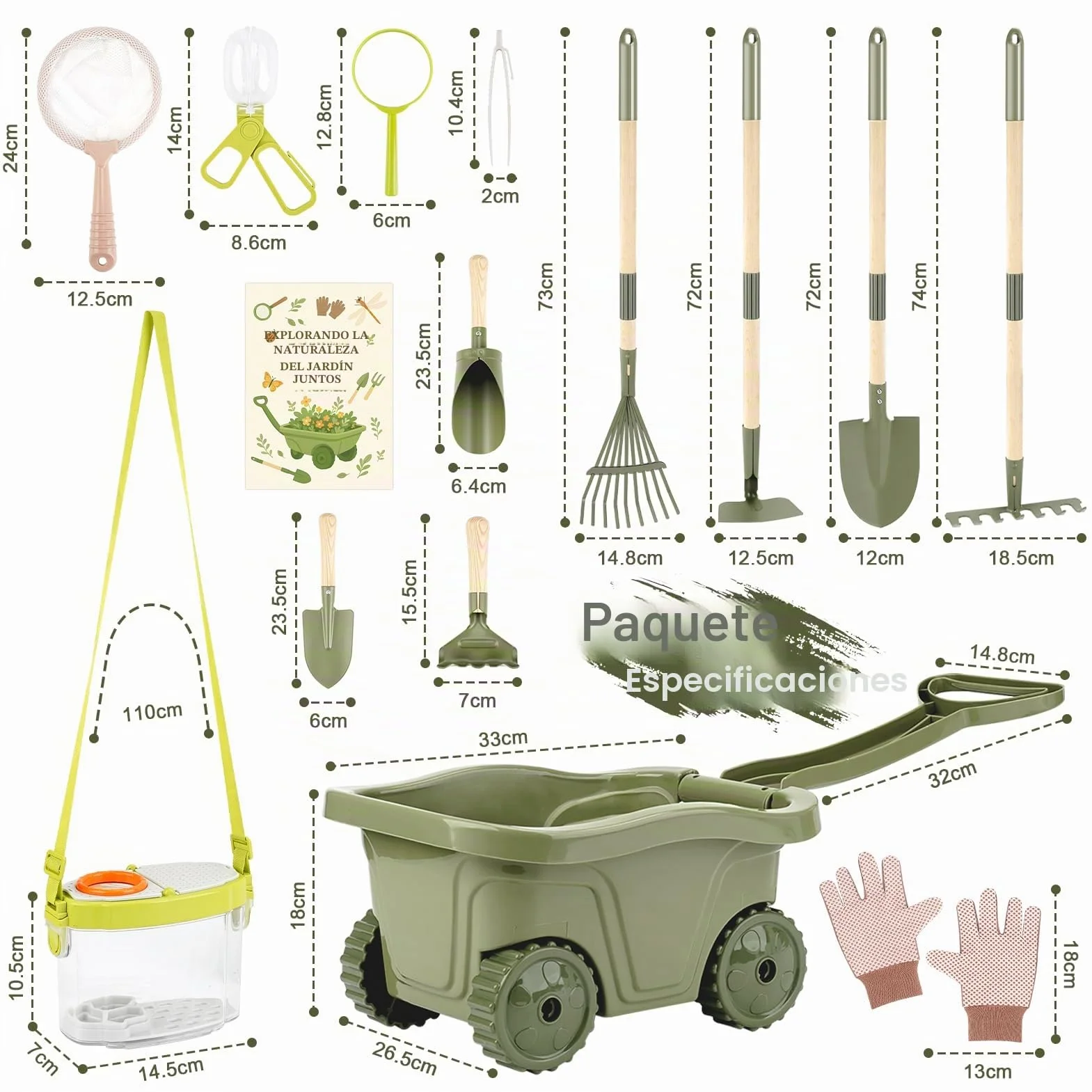 Dreamon 17PCS Carretilla Niño Set Jardinería y Exploración | Herramientas Jardinería Infantil + Kit Explorador Niños con Caja Insectos, Red, Lupa | Juguetes Jardín Educativos Exterior 3+ Años