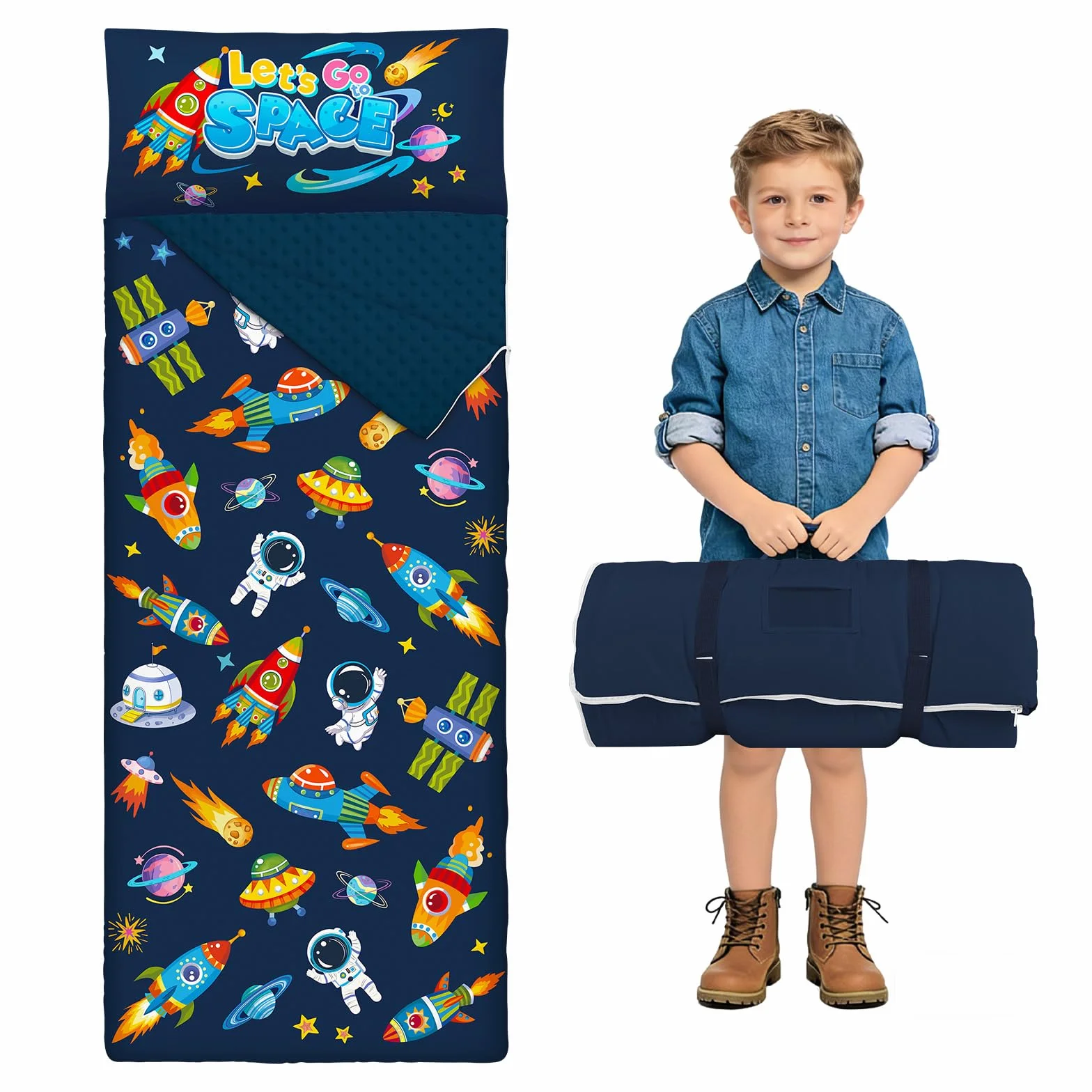 Saco de Dormir para Niños con Almohada, Tapete de Siesta para Niños y Niñas, Cálido Saco de Dormir de 150 x 60 cm, Tapete de Dormir Enrollable con Doble Cremallera
