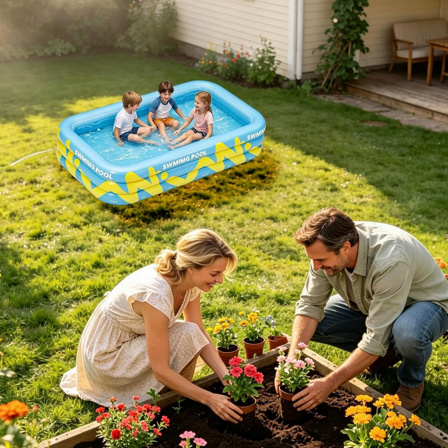 Piscina Hinchable Infantil 210 x 145 x 56 cm Gran Tina Reforzada E Inflable | Piscina De Jardín Trasero Para Verano Patio Exterior Jardín Césped Parque Juegos Y Natación Al Aire Libre Y