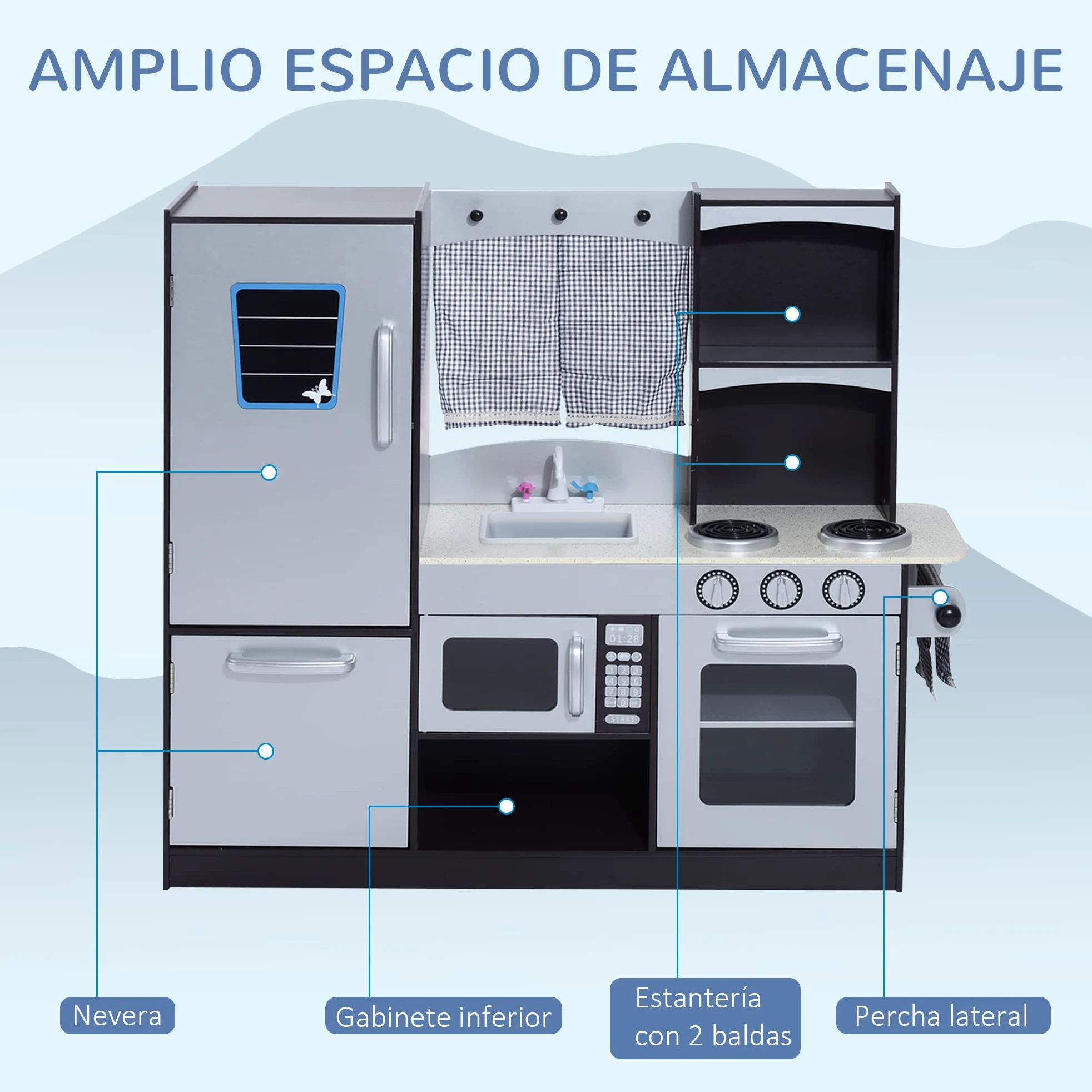 HOMCOM Conina de Juguete con Accesorios 105x31,5x95 cm Plata/Marrón Oscuro | Madera Grande, Niños +3 Años, Cocina Infantil Juguete, Encimera, Juego Imitación, Horno, Microondas, Fregadero