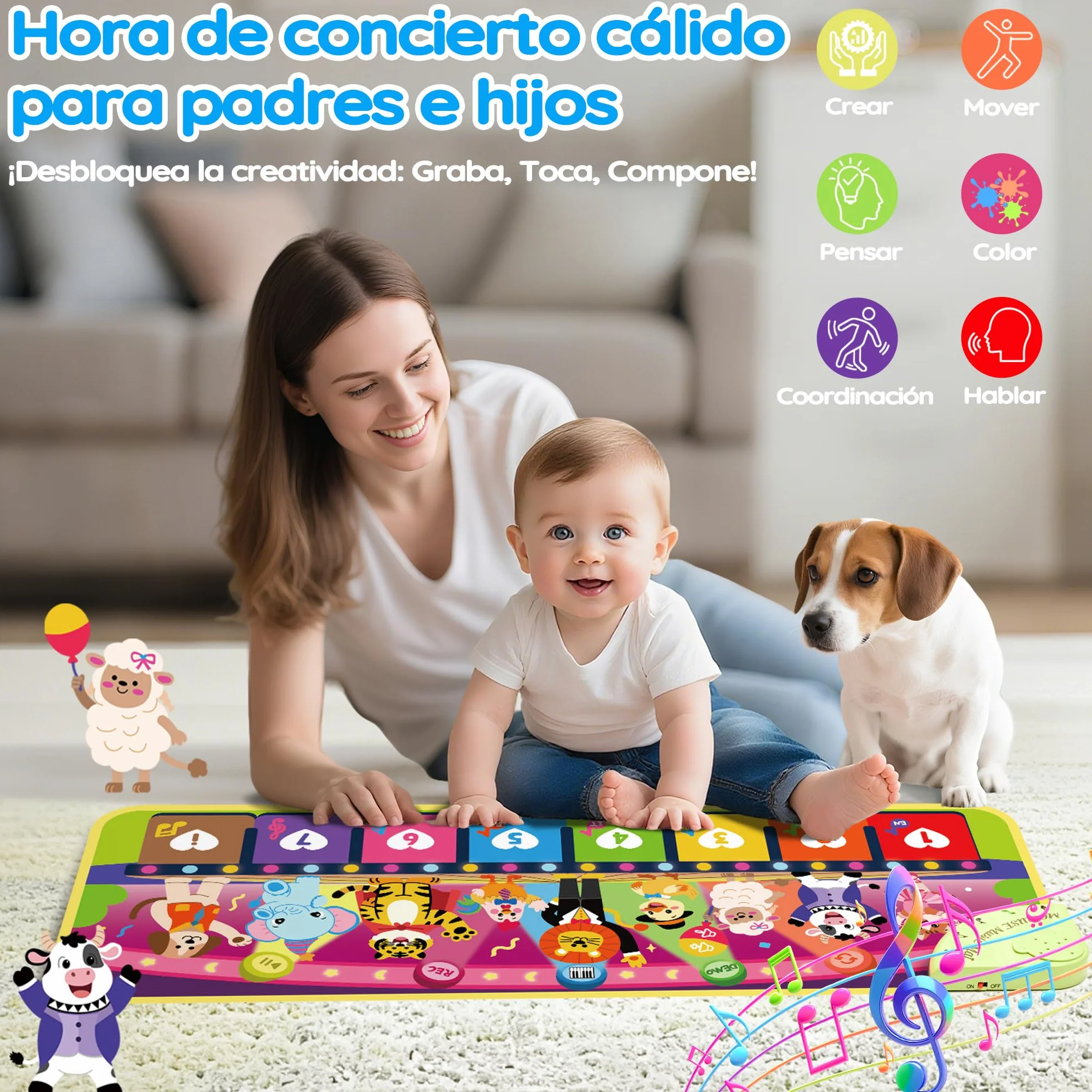 MOMUSE Alfombra Musical 5 Idiomas (ES/DE/FR/IT/EN), Juguetes Niños 1 Año, Piano Infantil Multilingüe con 9 Animales, Portátil, Ligero, Regalo Na-vidad/Cumpleaños para Bebe Niñas Niños 1 2 3 4 Años