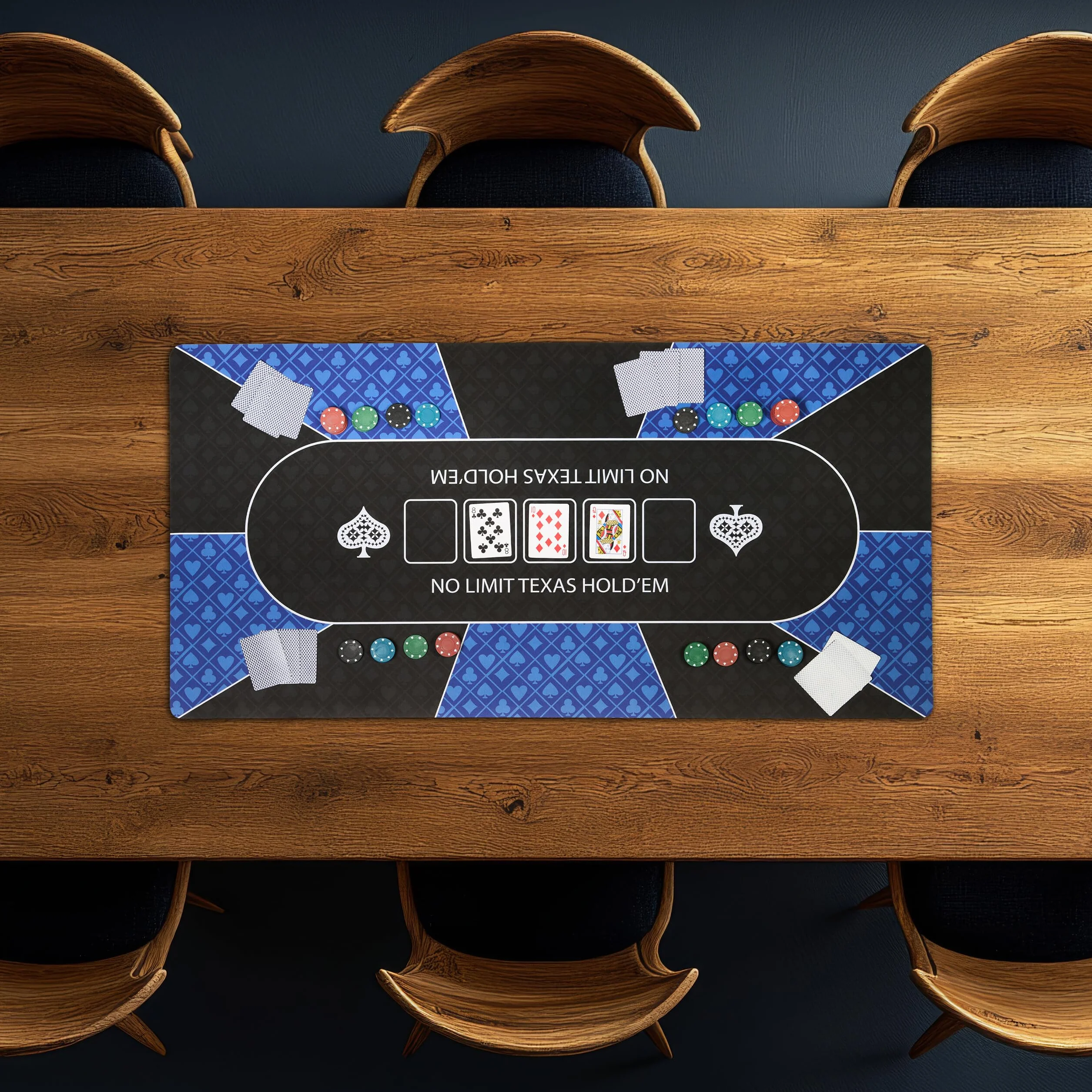 Relaxdays Tapete Póquer, 120 x 60 cm, Mantel Poker Texas Hold'em, Antideslizante, Bolsa, 10 Jugadores, Azul y Negro