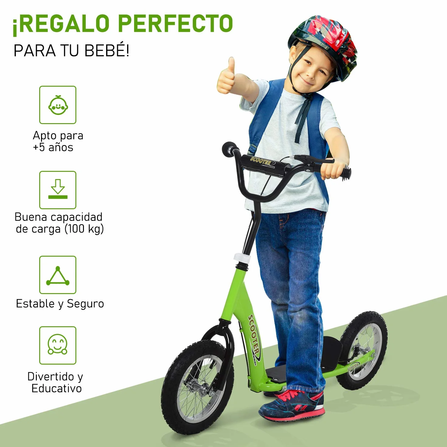HOMCOM Patinete para Niños Mayores de 5 Años Scooter 2 Neumáticos Inflables de Caucho con Frenos Manillar Ajustable Pedal Antideslizante 117x52x80-85 cm Verde