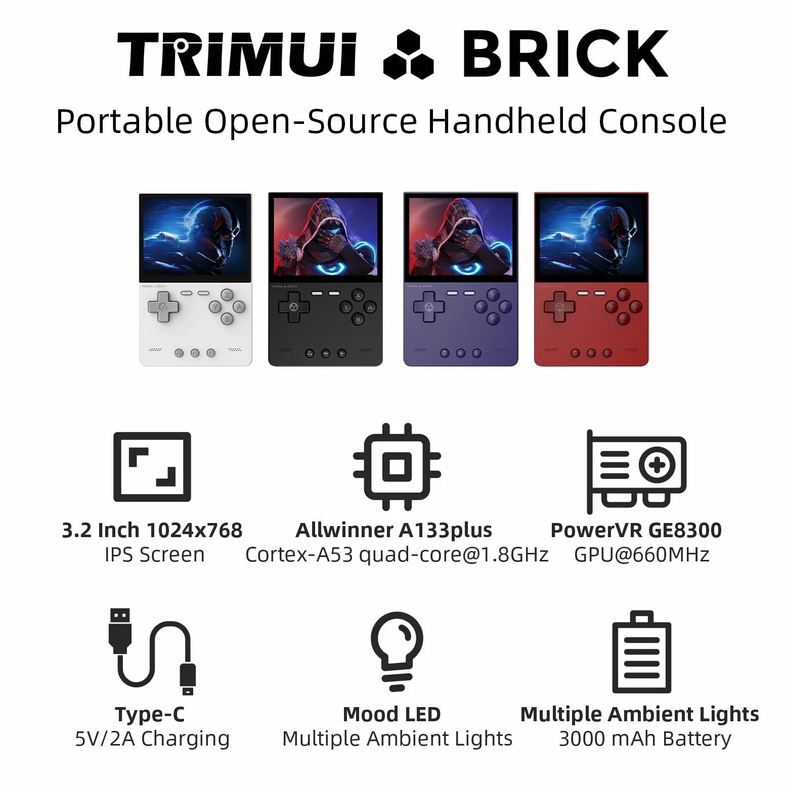 Trimui Brick - Consola de juegos portátil de 3.2 pulgadas, pantalla IPS 1024 x 768, 3000 mAh, tarjeta TF integrada de 64 G, soporta múltiples simuladores, sistema Linux con protector de pantalla