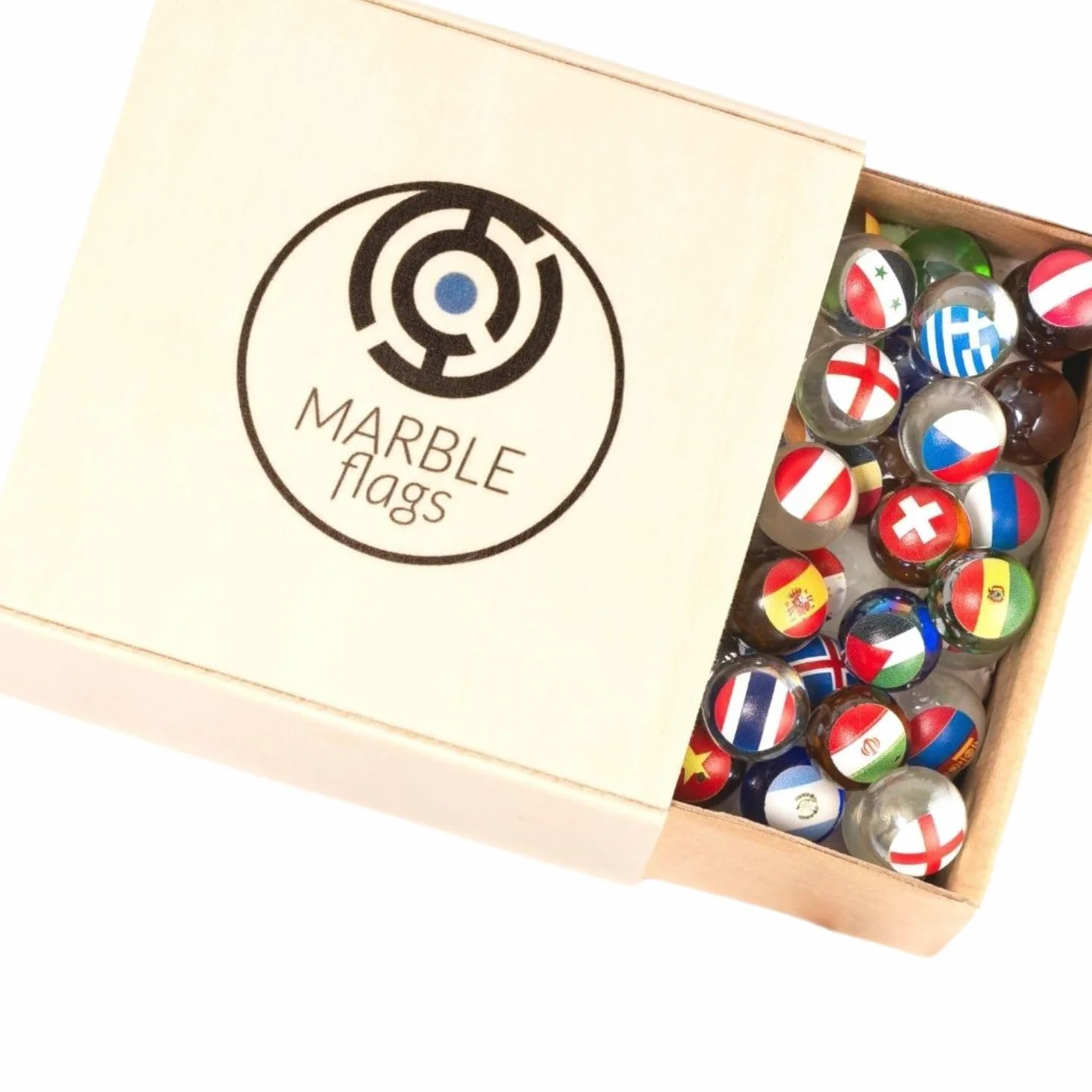 Kit Coleccionable Canicas con Banderas | 30 Canicas Aleatorias & Caja de Madera