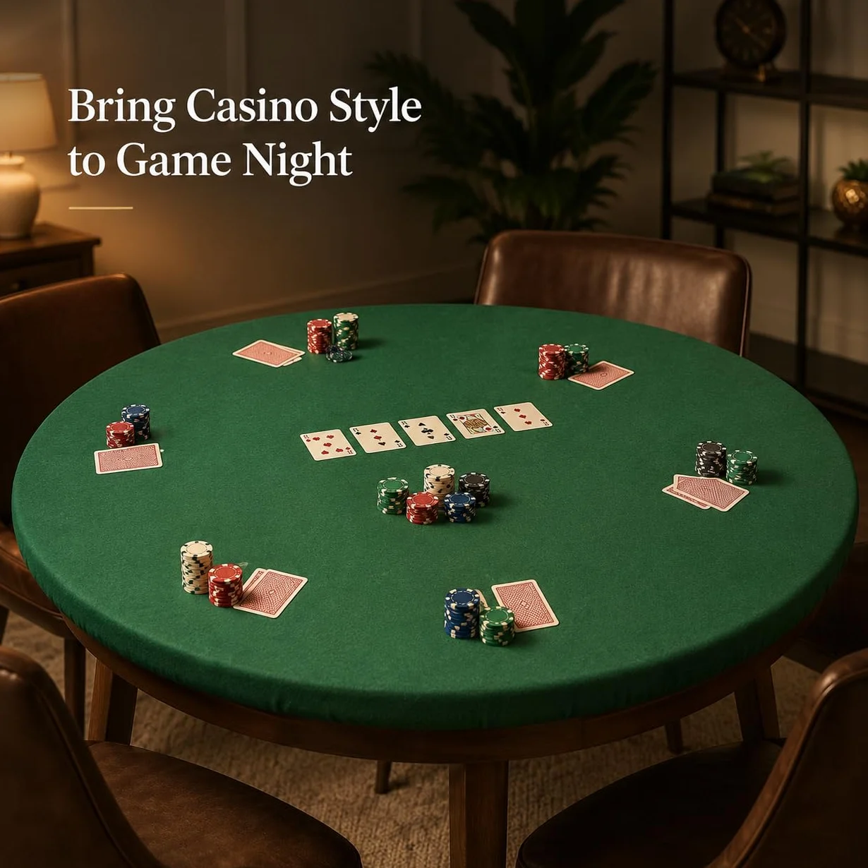 Katai – Cubierta Verde para Mesa de póker Estilo Casino – Fieltro elástico para mesas Redondas de 36 a 48" – Antideslizante y Reduce Ruido – Incluye 6 Posavasos