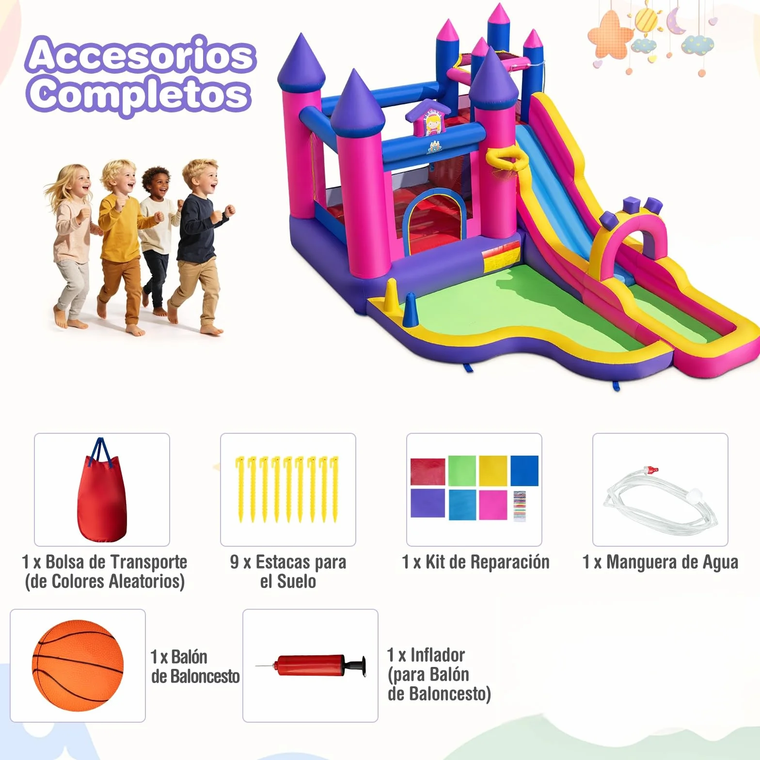 COSTWAY Castillo Hinchable para Niños, Parque Infantil Acuático Tema de Princesas con Tobogán Largo, Canasta de Baloncesto, insuflavel criança para Niños, Jardín, Césped, 460x290x245 cm (sin Soplador)