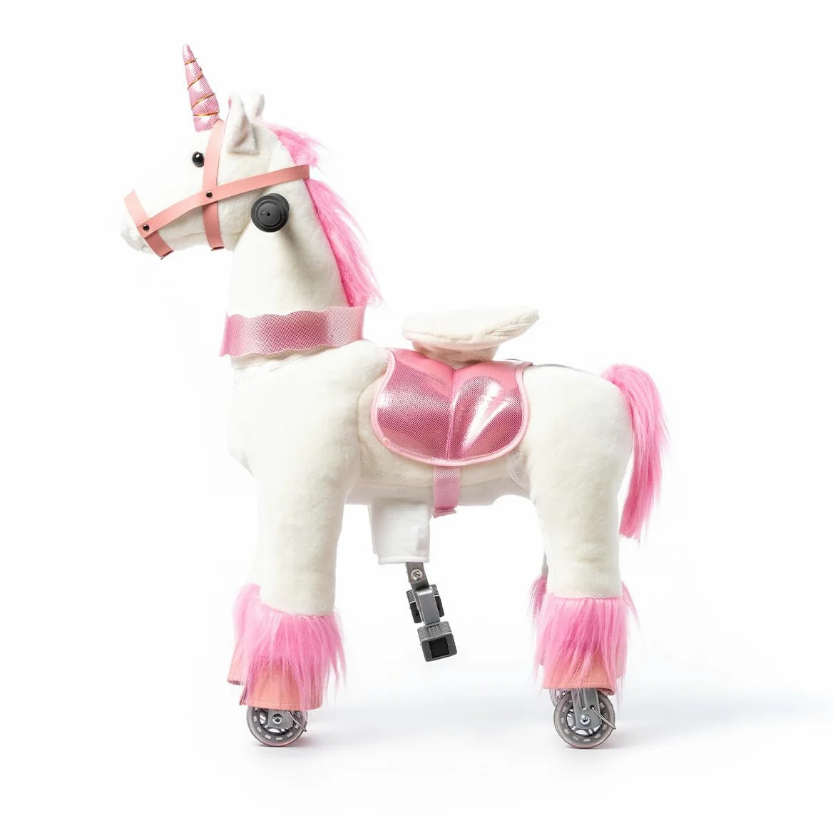 Caballo mecánico Infantil de Peluche Unicornio Rosa Talla S con Pedales Ruedas PU Asiento ergonómico y Asas de Madera Ponyride Iris ATAA Toys