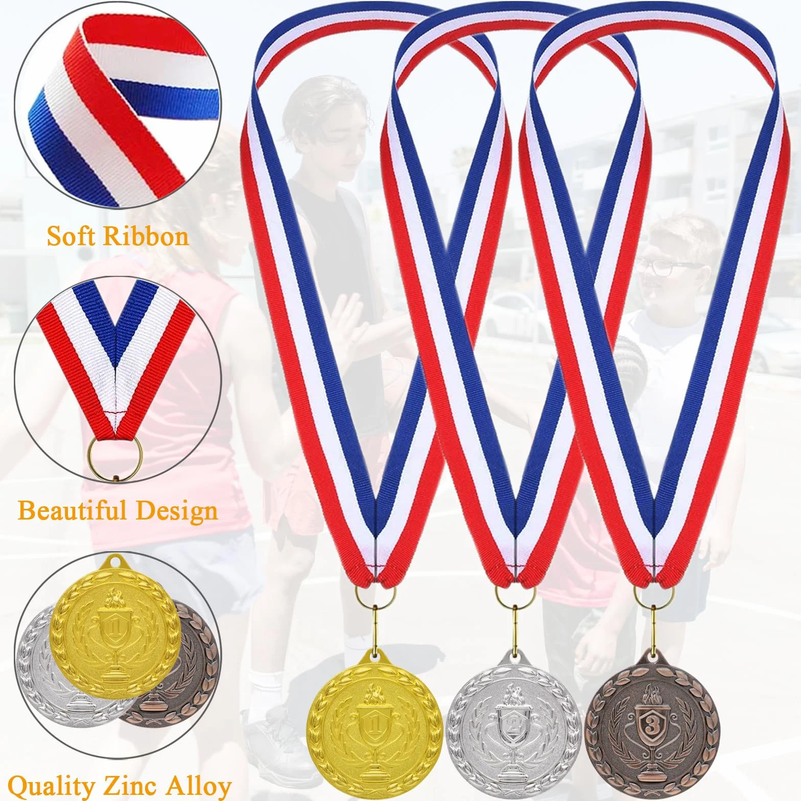 Juego de 12 Medallas de Metal Bronce Plateado Dorado para Niños y Adultos con Collar de Cinta para Premios Deportivos