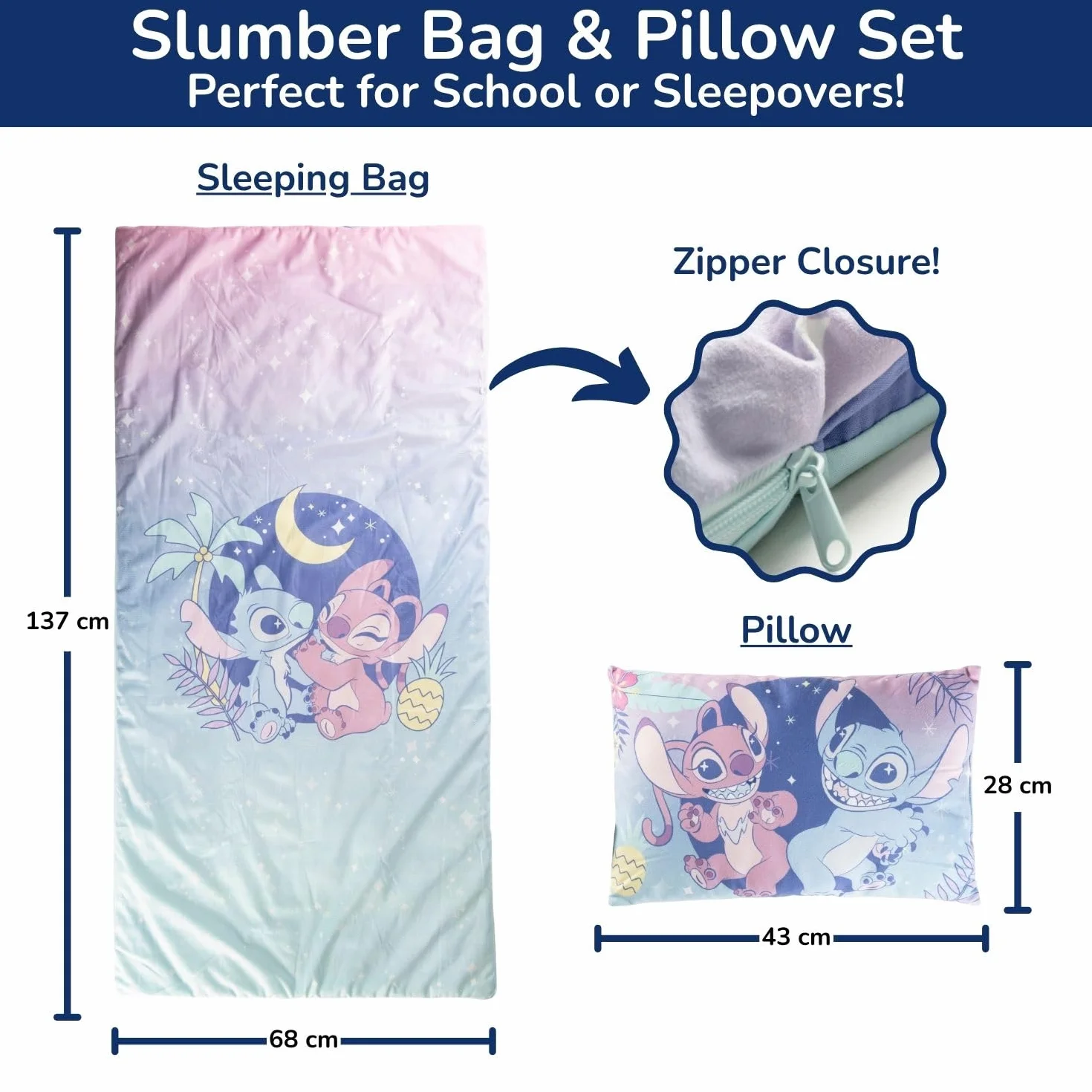 Set de 2 con Almohada y Manta de Lilo y Stitch Disney, Suave Saco de Dormir Infantil con Bolsa y Almohada, para Fiestas de Pijamas, Viajes y acampadas