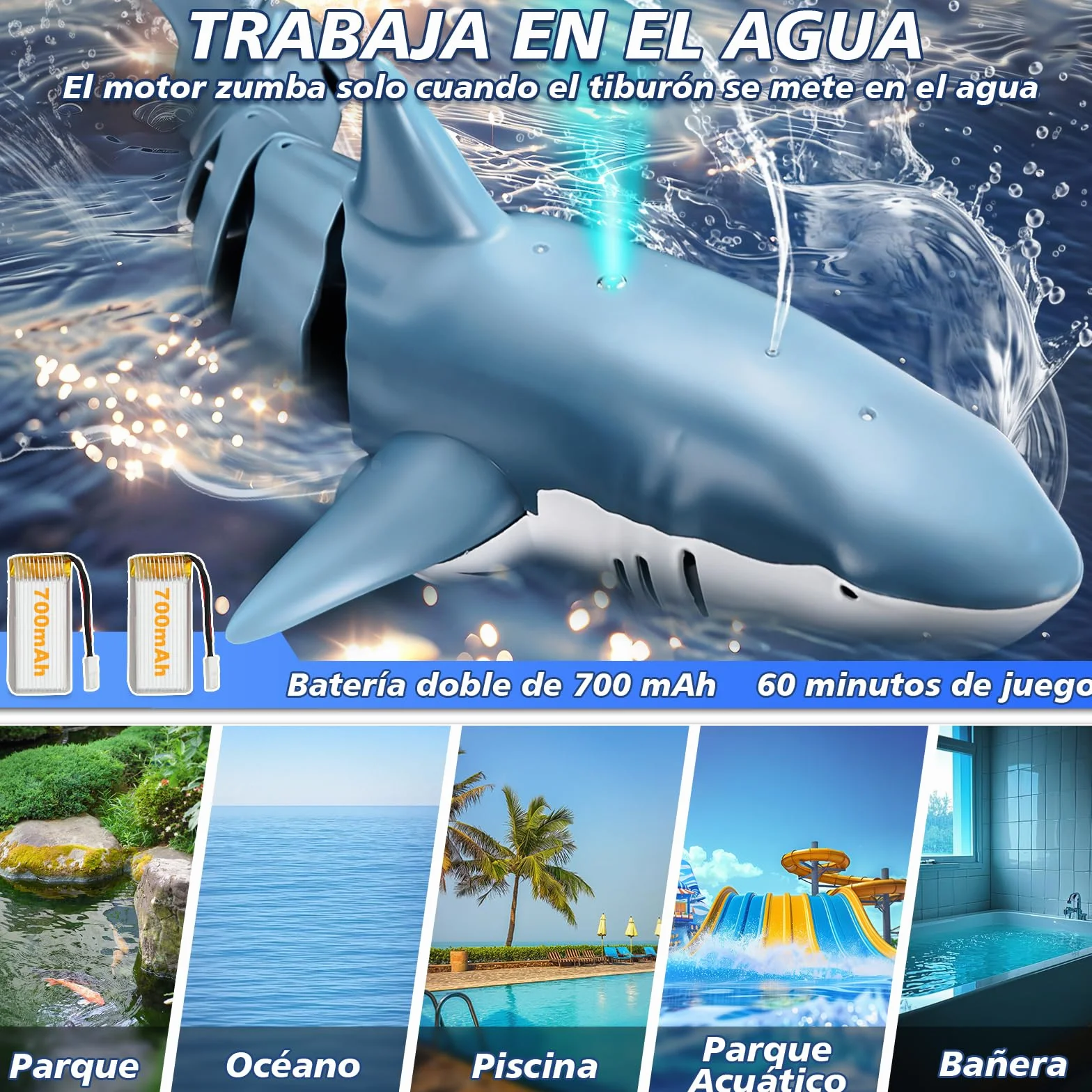 YOOHBERRYS Tiburon Teledirigido, 2.4GHz Tiburon Teledirigido Acuatico, RC Barco Tiburón con Luces y Chorros de Agua, Juguete de Piscina Regalo para 6+ Años Niño Niña