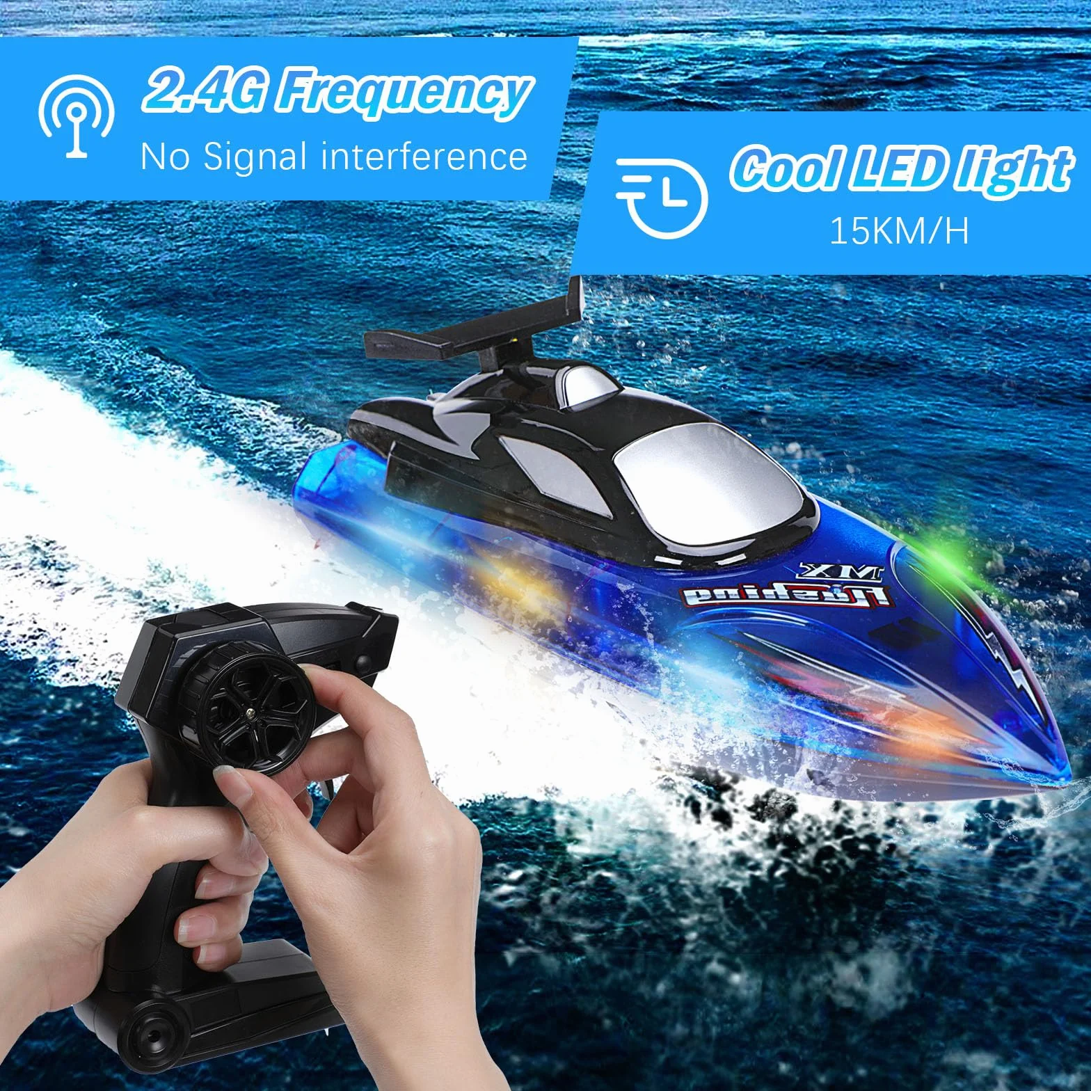 Barco RC para Niños con Luces LED, Control 2.4 GHz, 2 Baterías Recargables, Alarma de Batería Baja, Juguete Acuático para Piscinas y Lagos, Niños de 8 a 12 Años