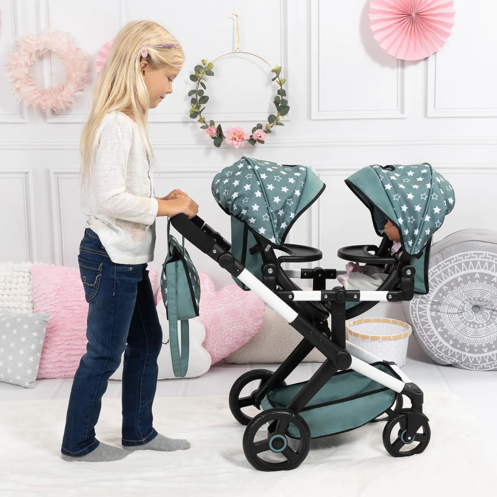 Bayer Design Twin Xeo Cochecito de muñeca gemelas Carrito Doble Altura Regulable